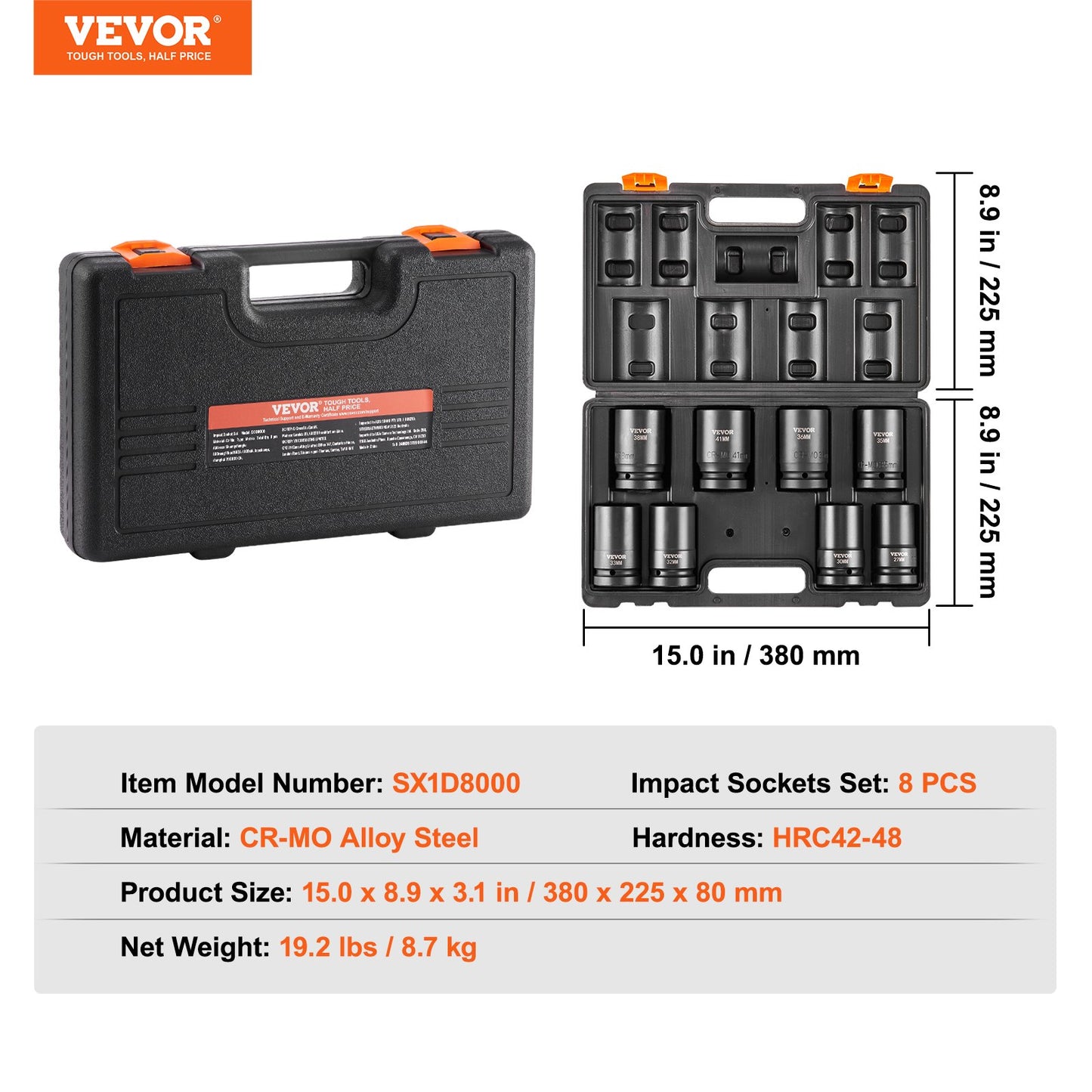 1" Drive Impact Socket Set, 8 Piece Deep Socket Set Metric 27-41mm, 6 Point Cr-Mo Alloy Steel for Auto Repair, Easy-to-Read Size Markings, Rugged Construction, Includes Storage Case