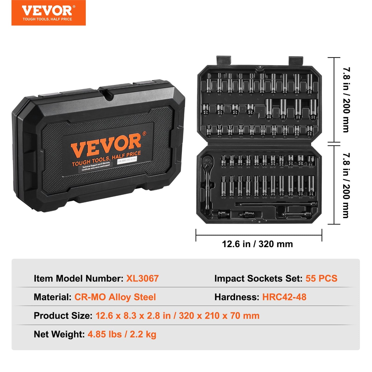 Drive Impact Socket Set 1/4" - 55 Piece Deep & Shallow Socket Set SAE 5/32"-9/16" and Metric 4-15mm - 6 Point CR-V Alloy Steel for Auto Repair - Easy-to-Read Size Markings - Storage Case