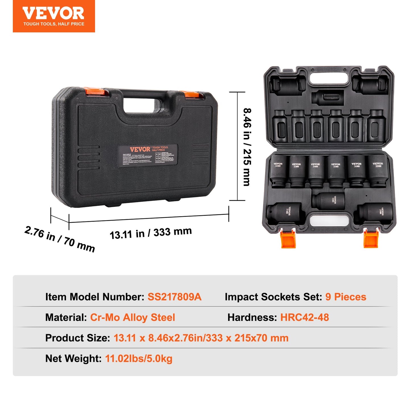 1/2" Drive Impact Socket Set, 9 Piece Deep Socket Set Metric 29-38mm, 6 Point Cr-Mo Alloy Steel for Auto Repair, Easy-to-Read Size Markings, Rugged Construction, Includes Storage Case