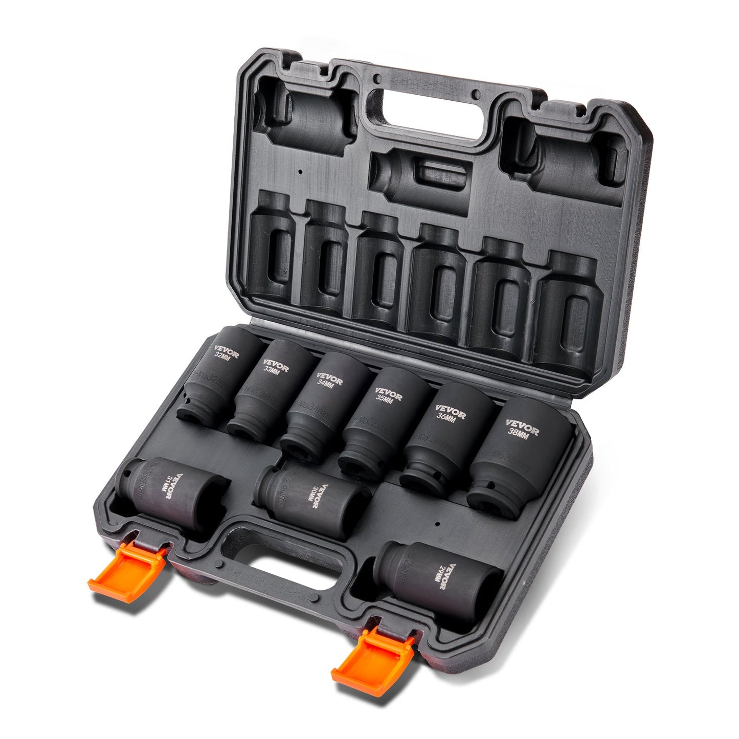 1/2" Drive Impact Socket Set, 9 Piece Deep Socket Set Metric 29-38mm, 6 Point Cr-Mo Alloy Steel for Auto Repair, Easy-to-Read Size Markings, Rugged Construction, Includes Storage Case