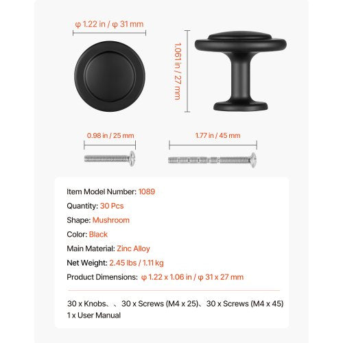 Skåpknoppar, 30-pack, 31 mm svarta zinklegeringshandtag, svampformade köksknoppar, byråhandtag, skåpbeslag med skruvar för badrumsskåp, lådor | EU