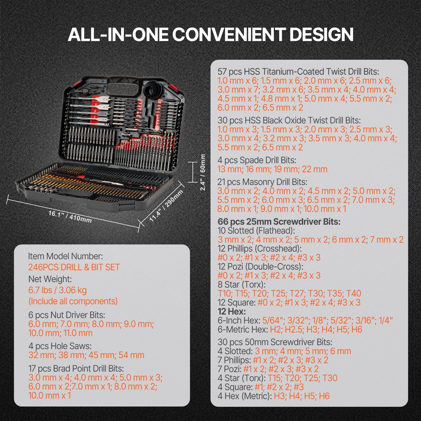 Drill Bit Set, 246 Pieces Drill and Driver Bit Set, Screwdriver Bit Set Suitable for Wood Metal Cement Drilling and Screw Driving, Drill Bit Sets Combo Kit Assorted in Organized Carrying Case