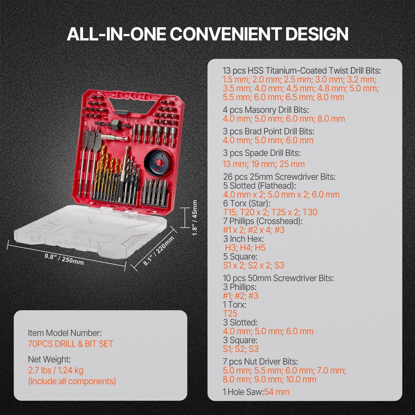Drill Bit Set, 70 Pieces Drill and Driver Bit Set, Screwdriver Bit Set Suitable for Wood Metal Cement Drilling and Screw Driving, Drill Bit Sets Combo Kit Assorted in Organized Carrying Case