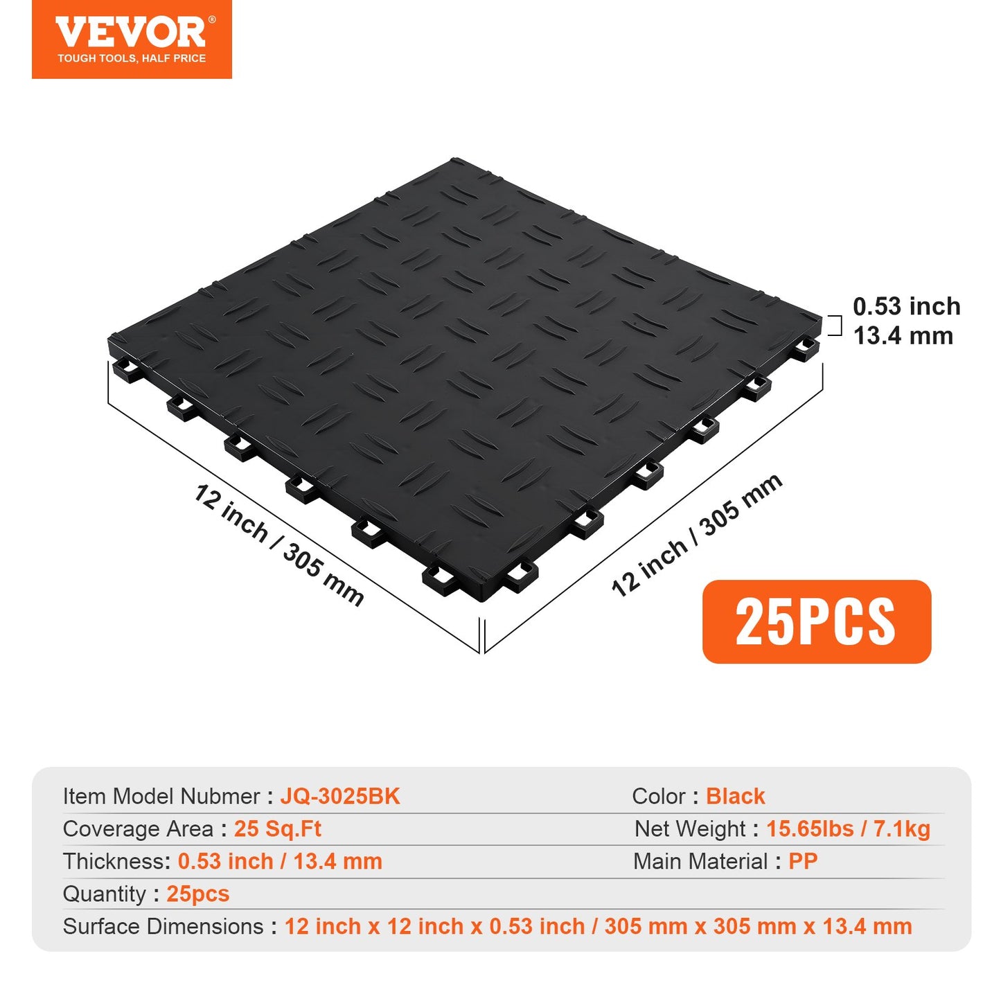 Garage Tiles Interlocking, 12 x 12 x 0.53 inch 25 Pack Garage Floor Covering Tiles, Non-Slip Double-Sided Texture Garage Flooring Tiles, for Garages, Basements, Repair Shops, Black