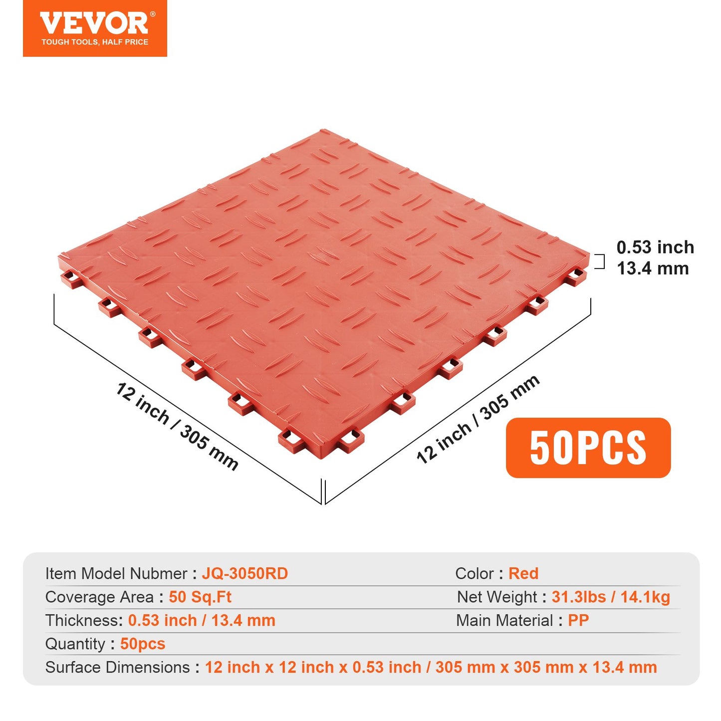 Garage Tiles Interlocking, 12 x 12 x 0.53 inch 50 Pack Garage Floor Covering Tiles, Non-Slip Double-Sided Texture Garage Flooring Tiles, for Garages, Basements, Repair Shops, Red
