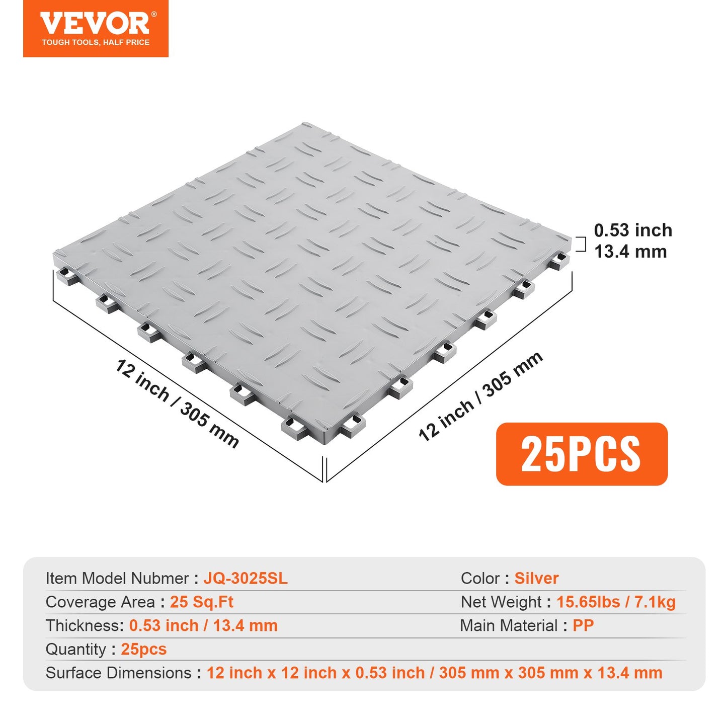 Garage Tiles Interlocking, 12 x 12 x 0.53 inch 25 Pack Garage Floor Covering Tiles, Non-Slip Double-Sided Texture Garage Flooring Tiles, for Garages, Basements, Repair Shops, Silver