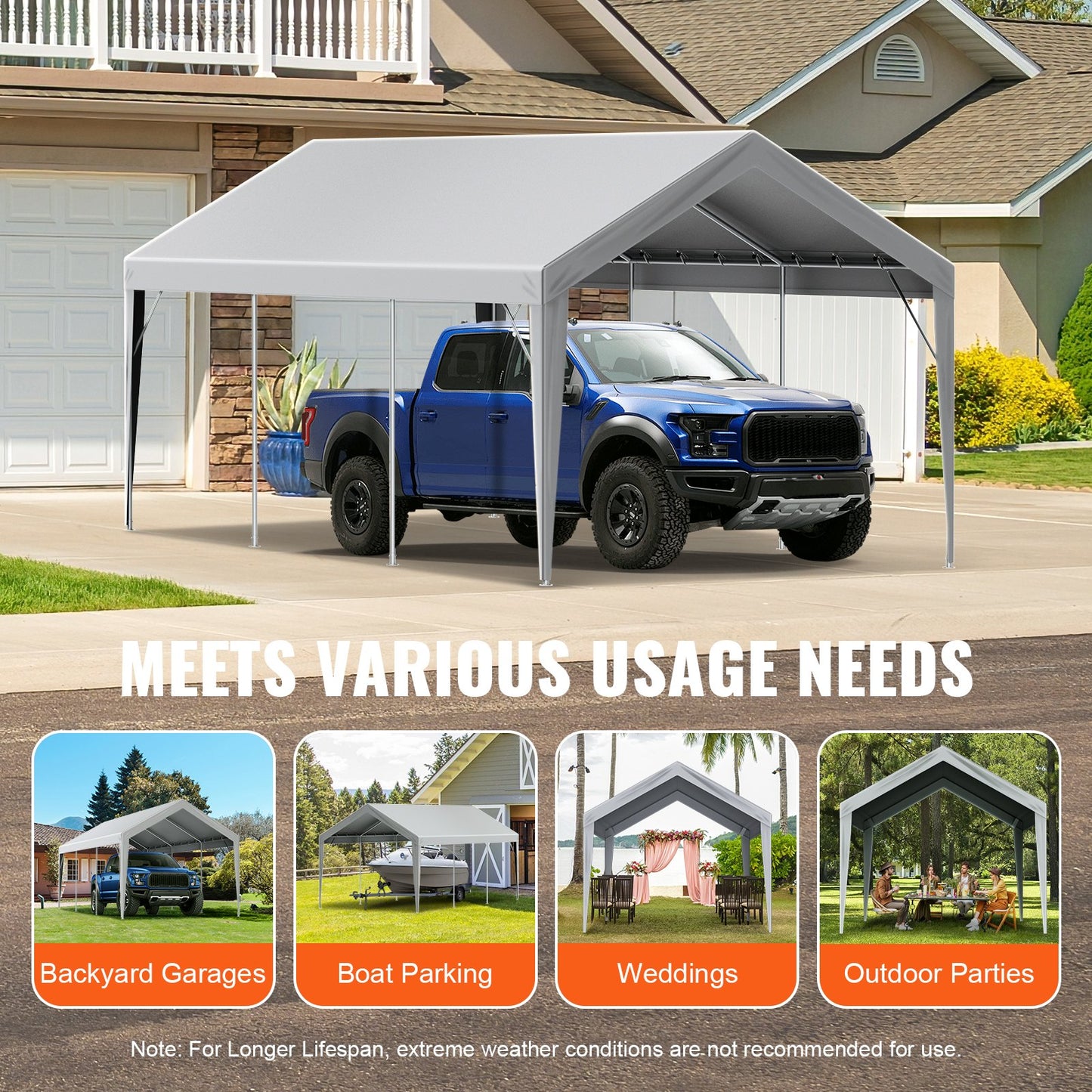Carport Replacement Canopy Cover 10 x 20 ft, Garage Top Tent Shelter Tarp Heavy-Duty Waterproof & UV Protected, Easy Installation with Ball Bungees,Grey (Only Top Cover, Frame Not Include)