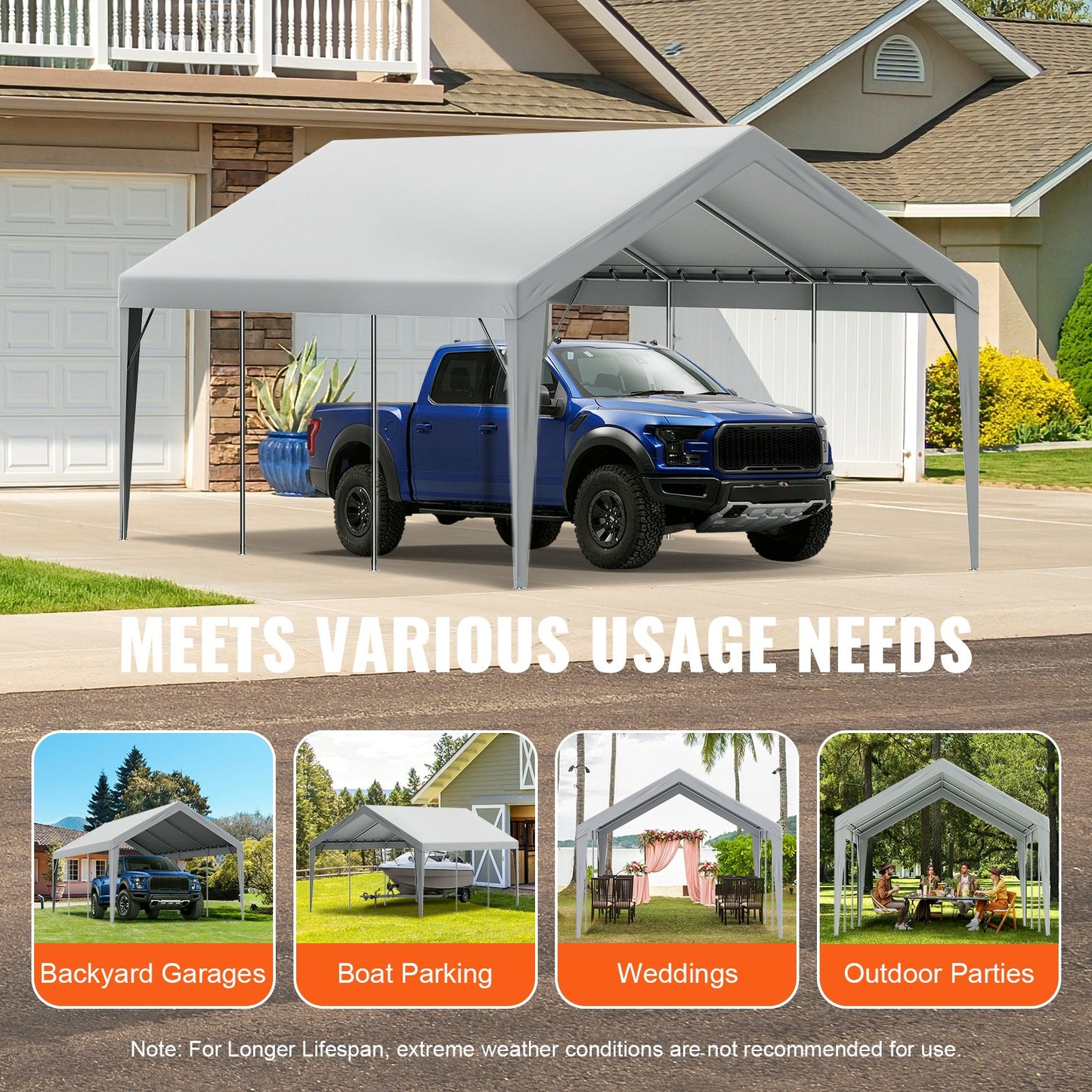 Carport Replacement Canopy Cover 12 x 20 ft, Garage Top Tent Shelter Tarp Heavy-Duty Waterproof & UV Protected, Easy Installation with Ball Bungees,Grey (Only Top Cover, Frame Not Include)
