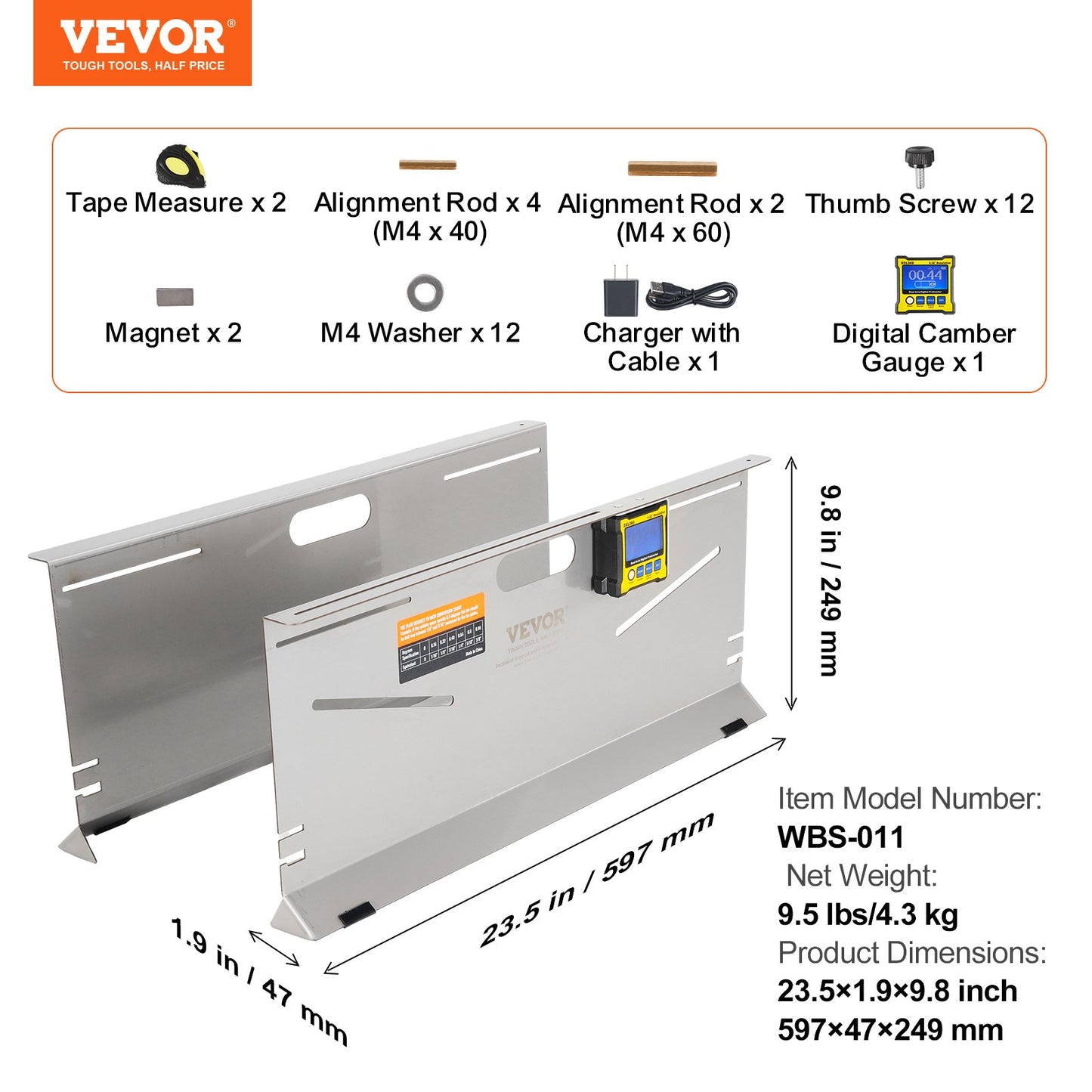 Wheel Alignment Tool, 2-Pack Toe Plates, Camber/Caster/Toe Gauge 0.1° Accuracy, Stainless Steel Tool Plate, Magnetic Slots and 6 Alignment Rods, Includes 2 Measuring Tapes & Conversion Chart