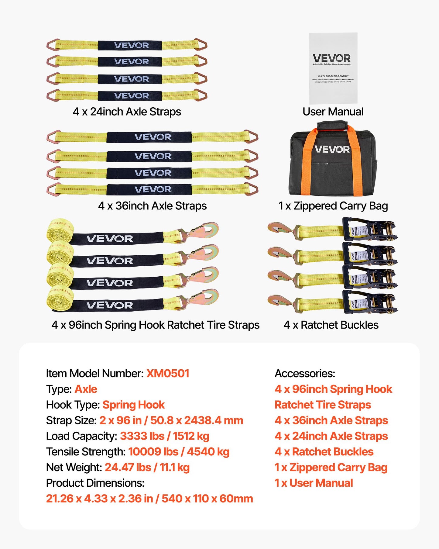 Wheel Chock Tie-Down Kit, Axle Type Trailer Tie Down Strap, Car Tie Down Kit with Break Strength 10009 lbs, Working Load 3333 lbs, Trailer Ratchet Strap for ATV, UTV, & Heavy-Duty Pickup Trucks