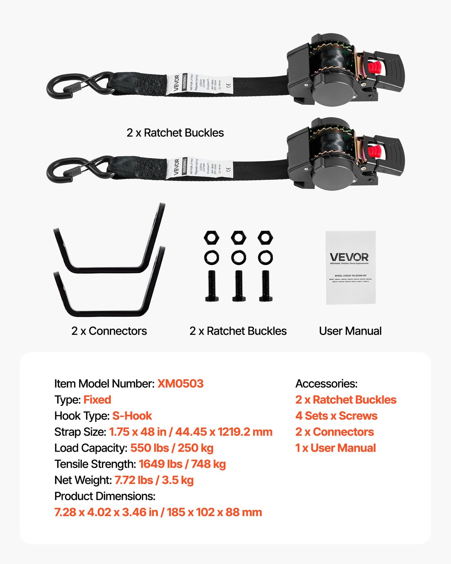 Wheel Chock Tie-Down Kit, Fixed Trailer Tie Down Strap, Car Tie Down Kit with S-Hook, Break Strength 1649 lbs & Working Load 550 lbs Motorcycle Tie-Down System for Trailers, Boats, Snowmobiles