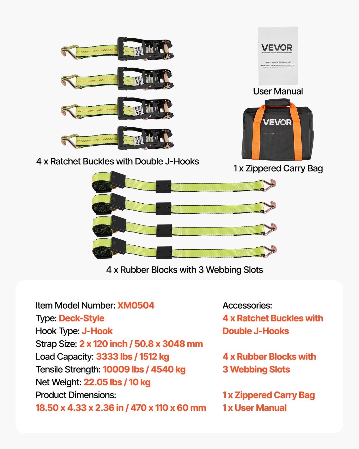 Wheel Chock Tie-Down Kit, Deck-Style Trailer Tie Down Strap, Car Tie Down Kit with J-Hook, Break Strength 10009 lbs & Working Load 3333 lbs Motorcycle Tie-Down System for SUVs, Trailers, Trucks