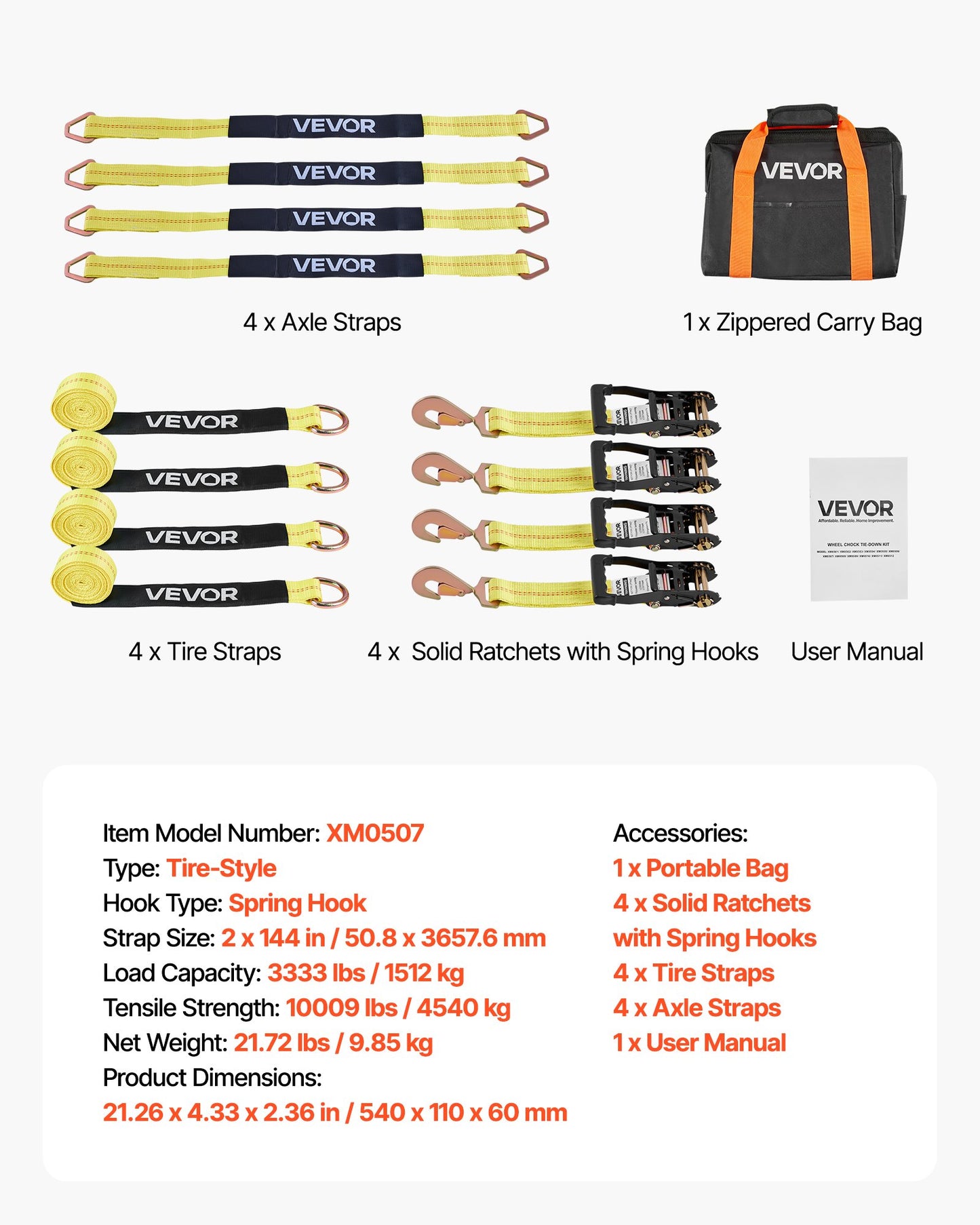 Wheel Chock Tie-Down Kit, Tire-Style Trailer Tie Down Strap, Car Tie Down Kit with Spring Hook, Break Strength 10009 lbs & Working Load 3333 lbs Motorcycle Tie-Down System for ATV, SUV, Trailer