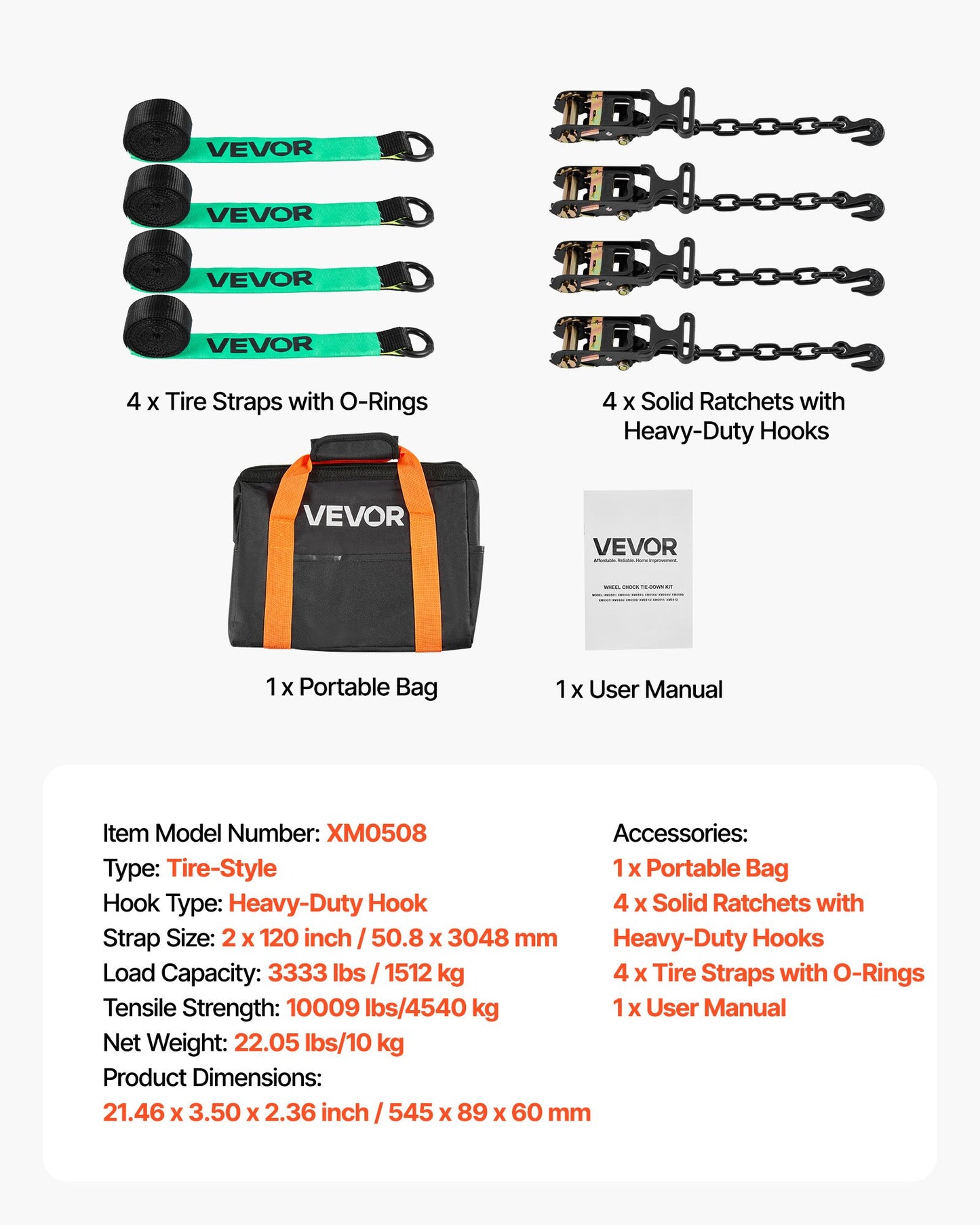 Wheel Chock Tie-Down Kit, Tire-Style Tow Dolly Strap, Car Tie Down Kit with Heavy-Duty Hook, Break Strength 10009 lbs & Working Load 3333 lbs Motorcycle Tie-Down System for ATV, SUV, Trailer