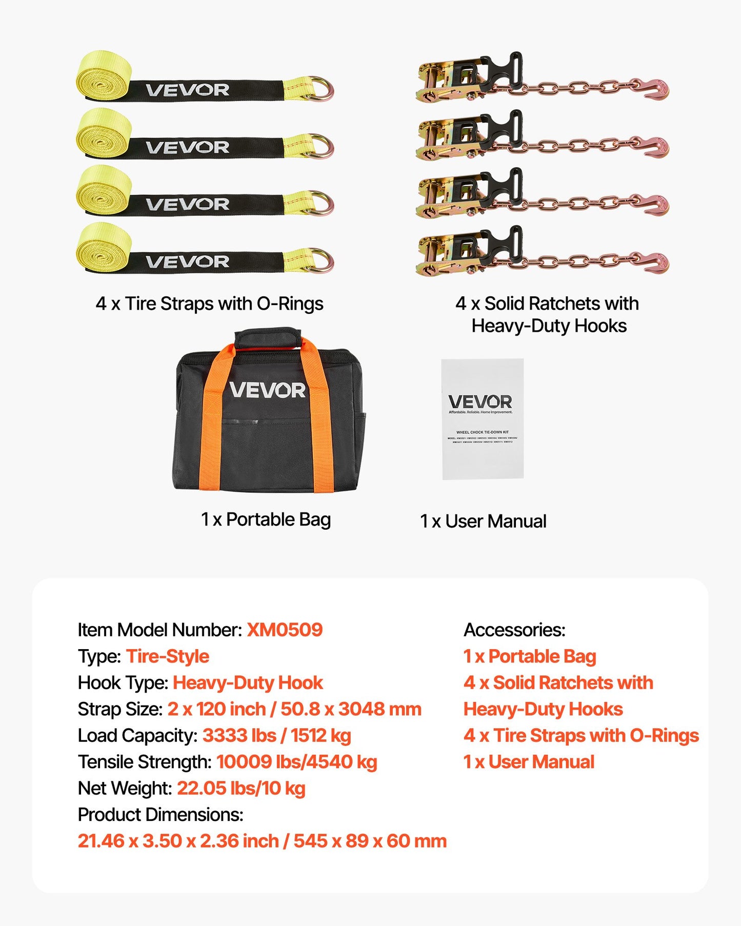 Wheel Chock Tie-Down Kit, Tire-Style Tow Dolly Strap, Car Tie Down Kit with Heavy-Duty Hook, Break Strength 10009 lbs & Working Load 3333 lbs Motorcycle Tie-Down System for ATV, SUV, Snowmobiles