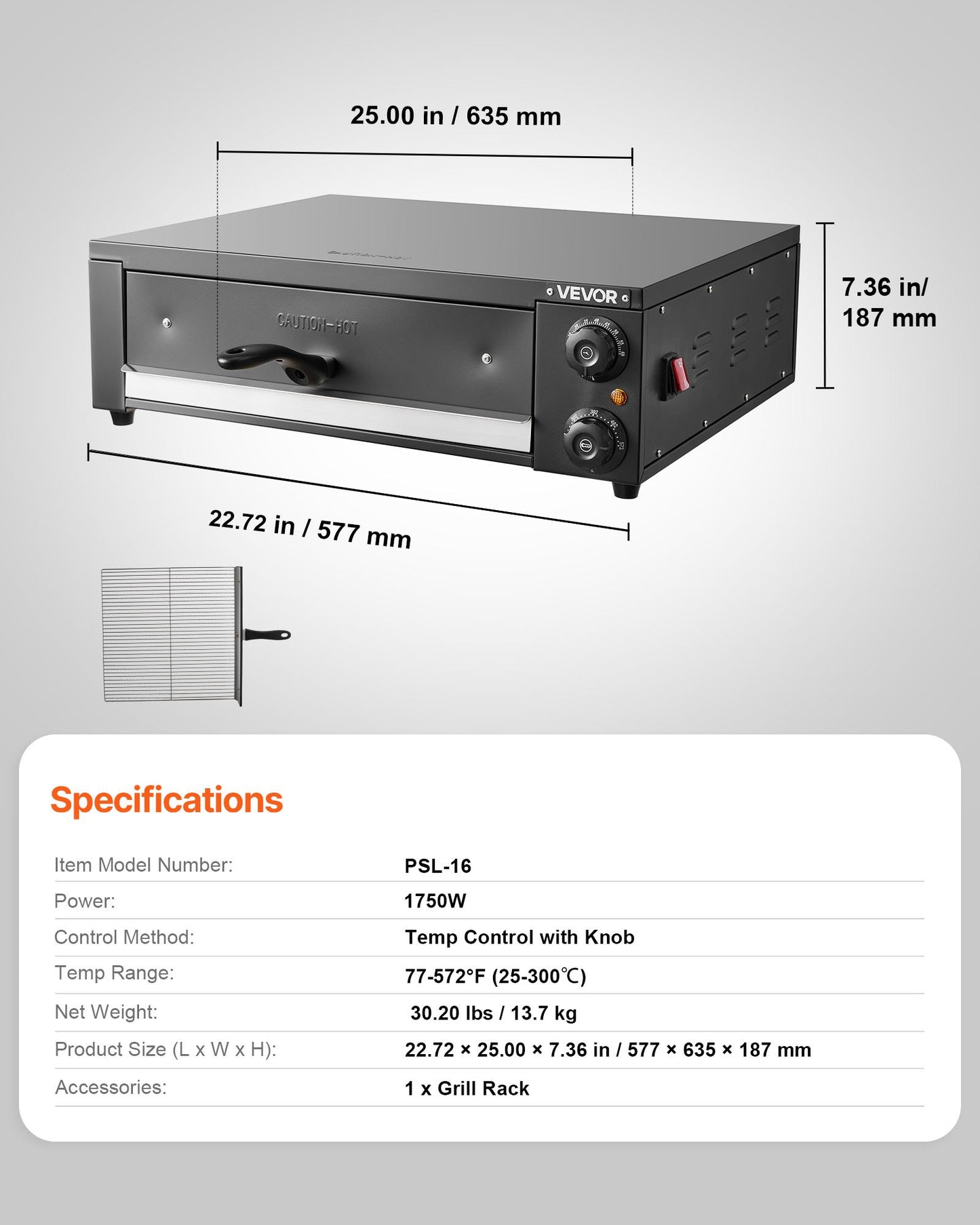 Electric Pizza Oven, 16 in Countertop Pizza Oven, 77 to 572°F Temp Range, 1750W Indoor Pizzas Maker w/Timing & Temp Control, Pizzas Cooker w/Dual Heat Tube, Grill Rack, for Kitchen & Commercial