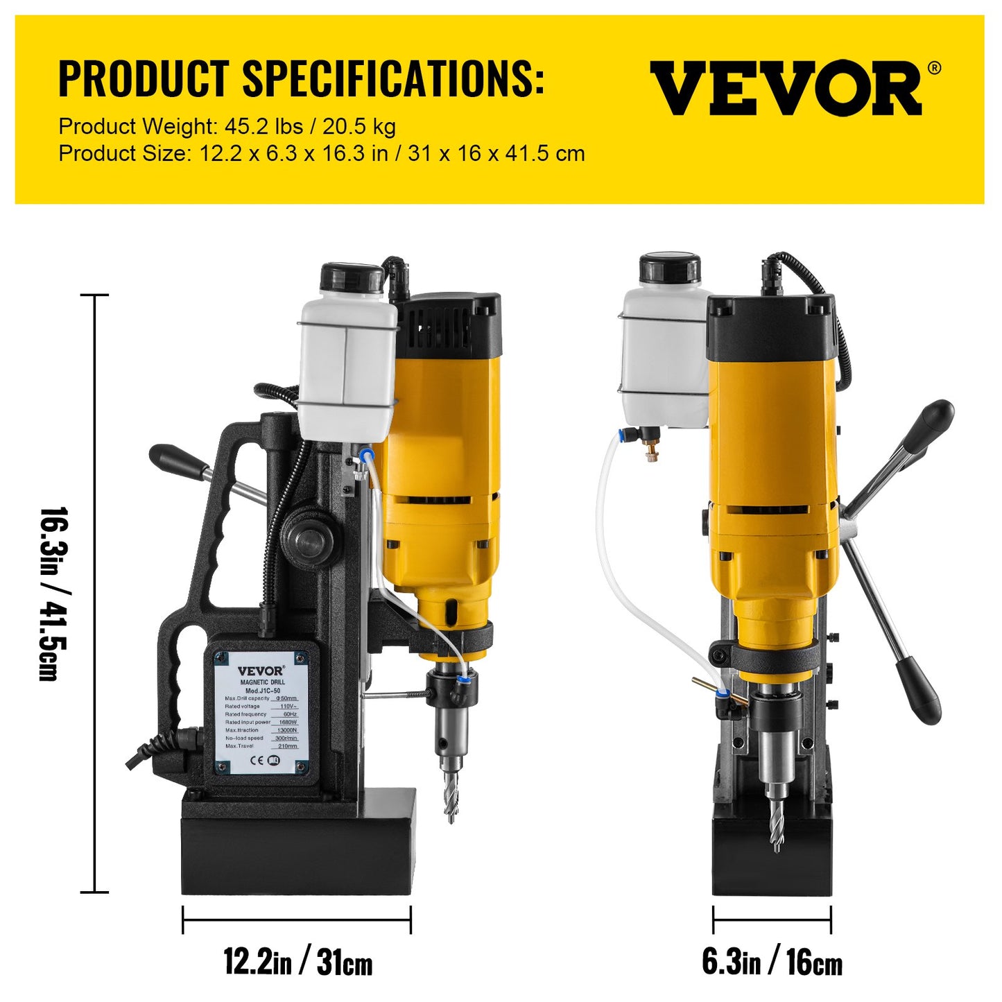 Mag Drill, 0-300 RPM Stepless Speed Electromagnetic Drill Press, 2\" Depth 2\" Dia Magnetic Core Drill, 2922lbf Boring Tool Drill Press, 1680 Watts Drill Press, Yellow and Black Drill Machine