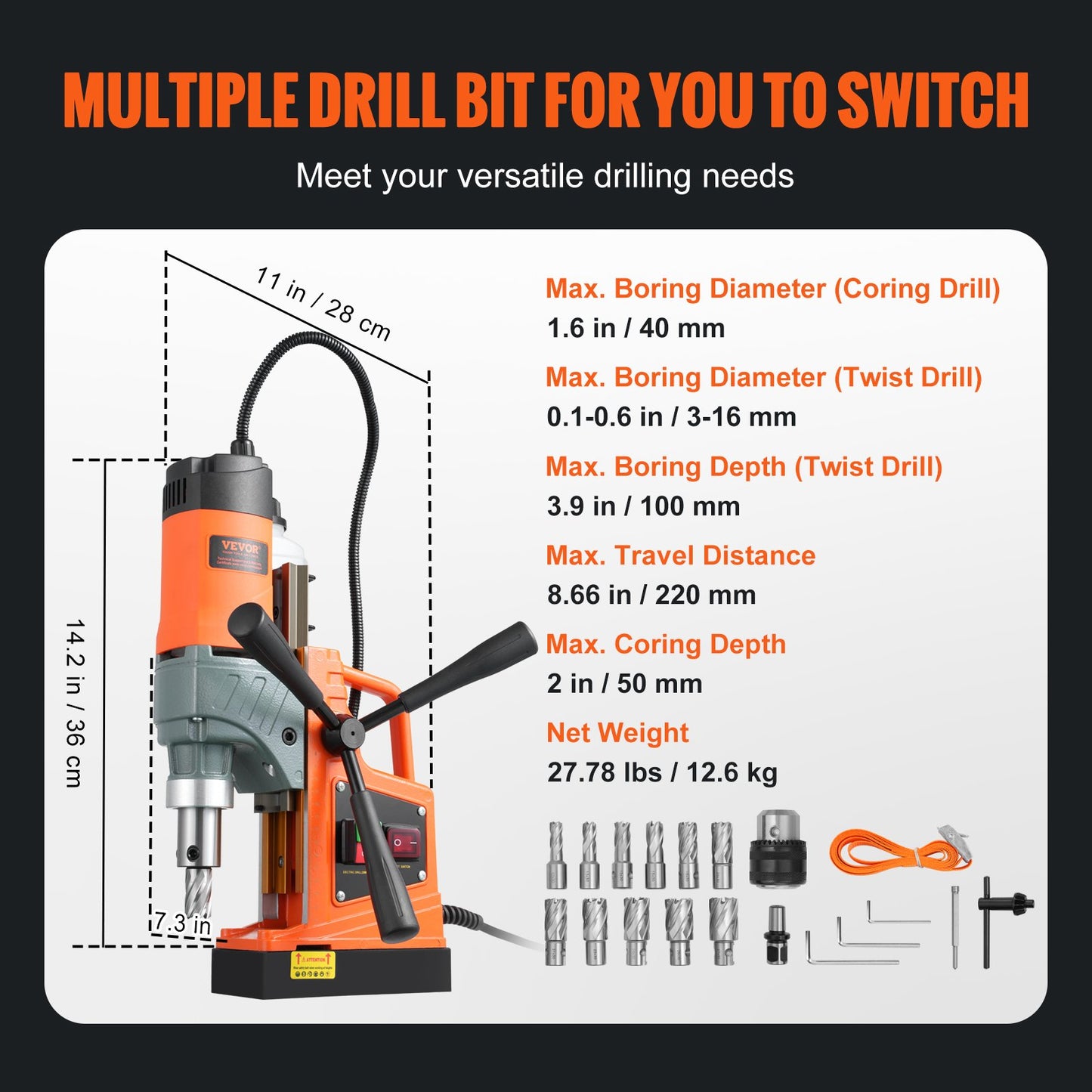 Magnetic Drill, 1450W 1.57" Boring Diameter, 12500N 850 RPM Portable Electric Mag Drill Press, Drilling Machine for any Surface Home Improvement Industry Railway