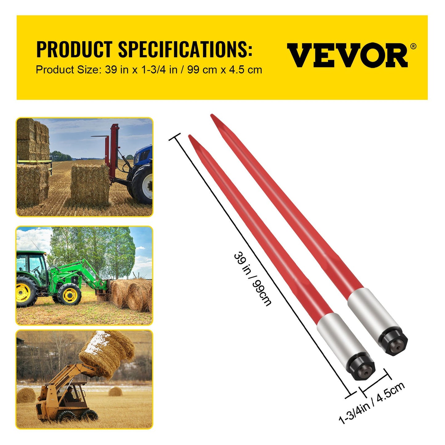 Pair Hay Spear 39" Bale Spear 3000 lbs Capacity, Bale Spike Quick Attach Square Hay Bale Spears 1 3/4", Red Coated Bale Forks, Bale Hay Spike with Hex Nut & Sleeve for Buckets Tractors Loaders