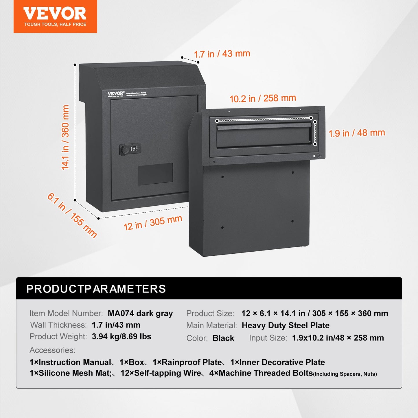 Sturdy Metal Key Locker, Combo Lock, Mountable on Wall, 12'', Charcoal Gray, Ensures Safe Keeping of Mail and Keys