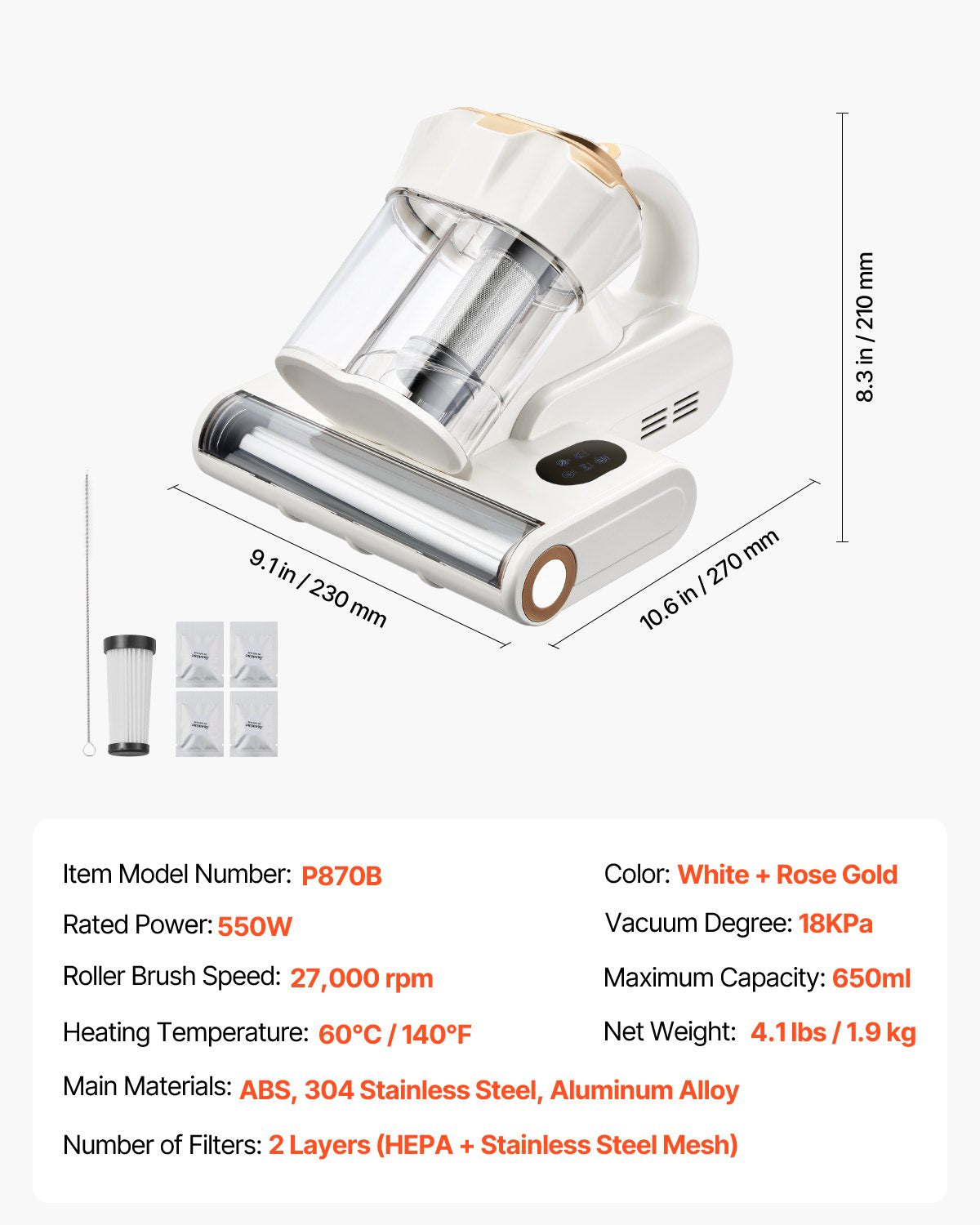 Mattress Vacuum Cleaner, 550W Bed Vacuum Cleaner with 18Kpa Powerful Suction and Dual Dust Bin, HEPA Filter & Heating, Ultrasound Tech & Cleaning Lights, Handheld for Bed, Sofa, Corded, White