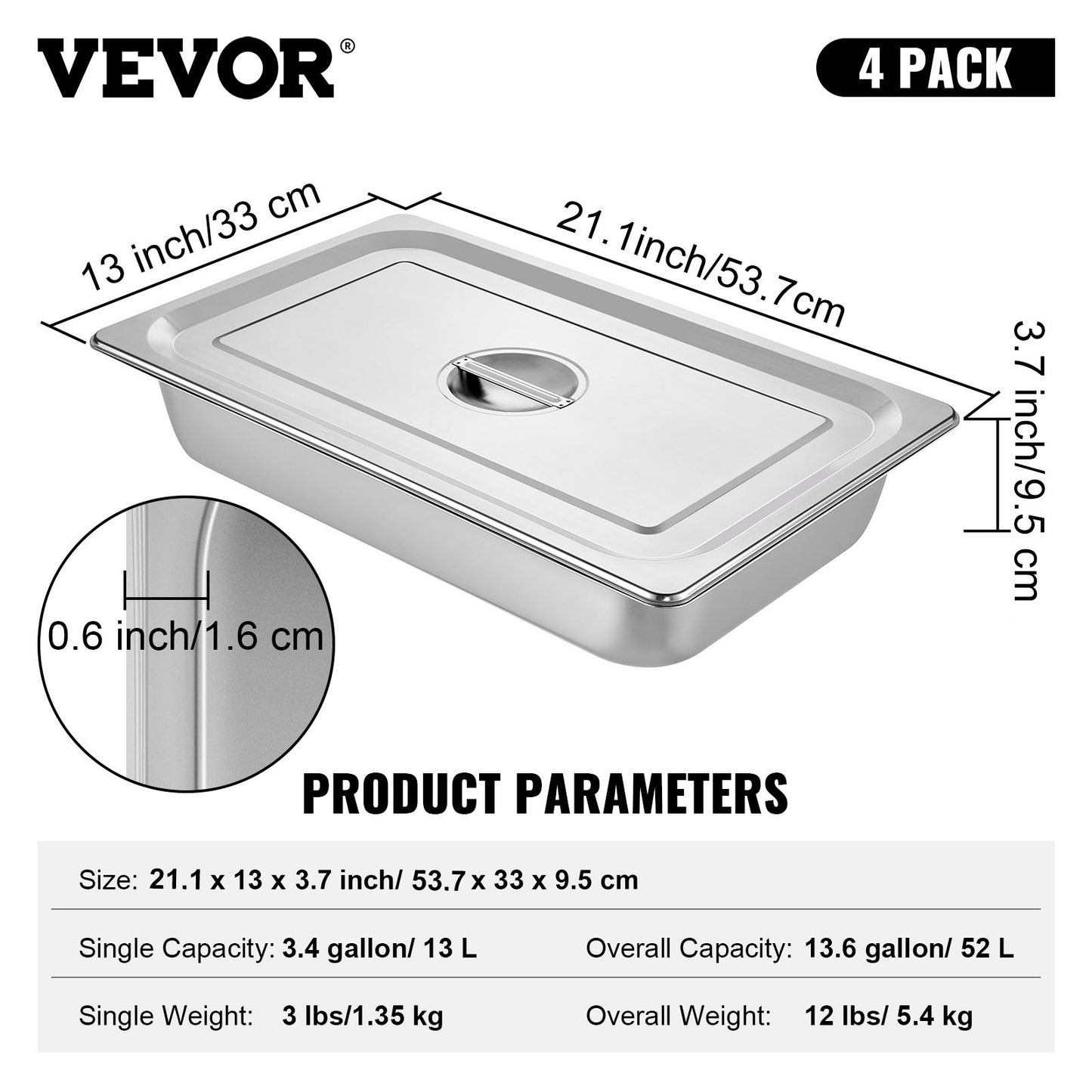 4 Pack Steam Table Pans 20.9 x 12.8 x 3.9 Inch Deep Steam Table Pan Full Size 13L Deep Food Container Stainless Steel Oven Tray Hotel Pans Anti-Jam Steam Table Food Pan