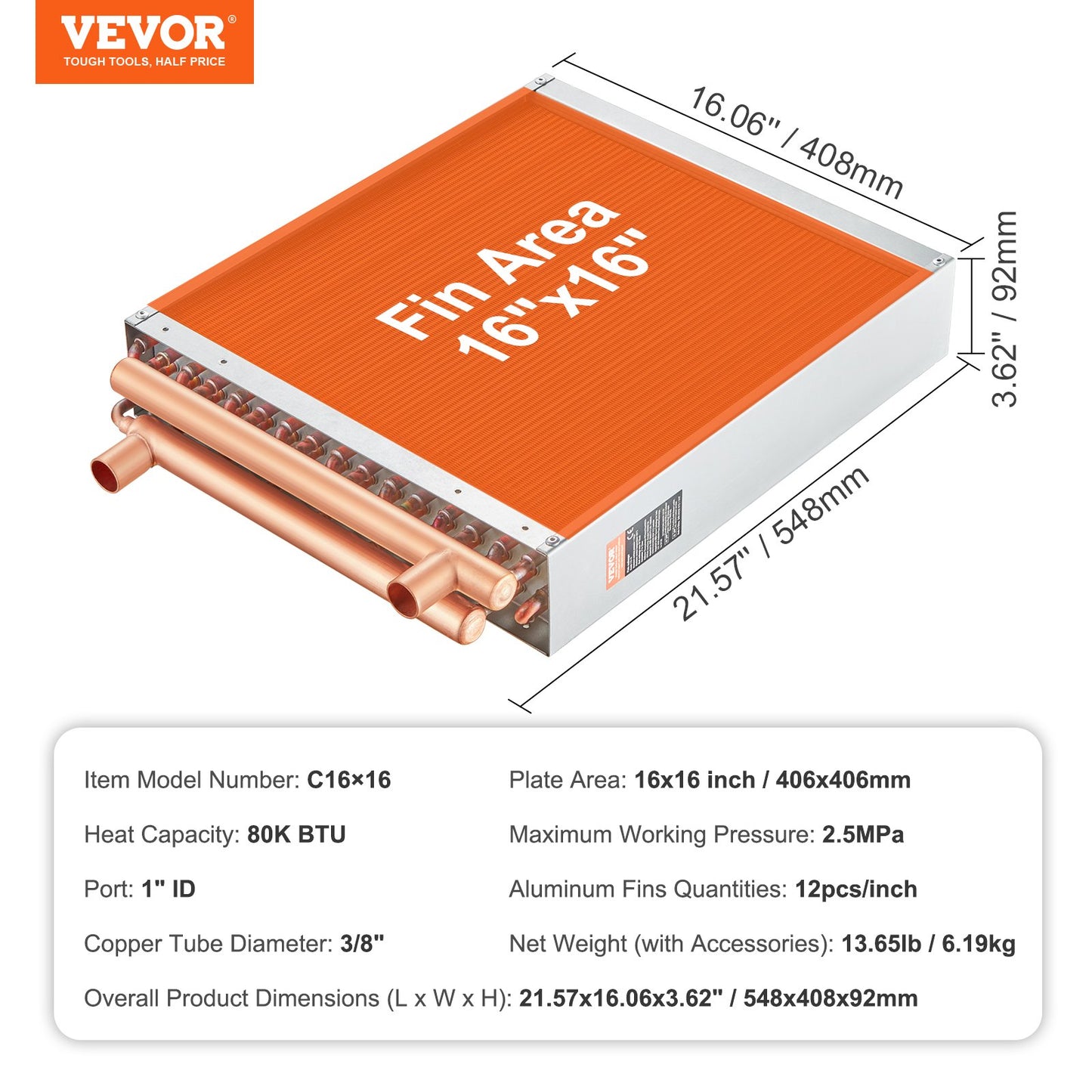 Heat Exchanger Water to Air, 16"x 16" with 3-Row 3/8" Copper Ports, 193 Aluminum Fins Heat Exchanger for Outdoor Wood Furnaces, Residential Heating and Cooling, and Forced Air Heating