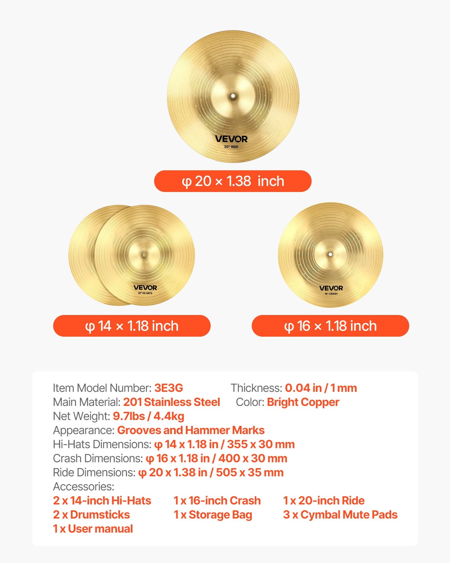 Cymbal Pack, 3 Pieces Cymbals for Drum Set, Alloy Cymbals Drum Set Includes 14-inch Hi-Hats, 16-inch Crash, 20-inch Ride, Drumsticks & Cymbal Bag, Alloy Cymbal Pack for Drummer, Bright Copper