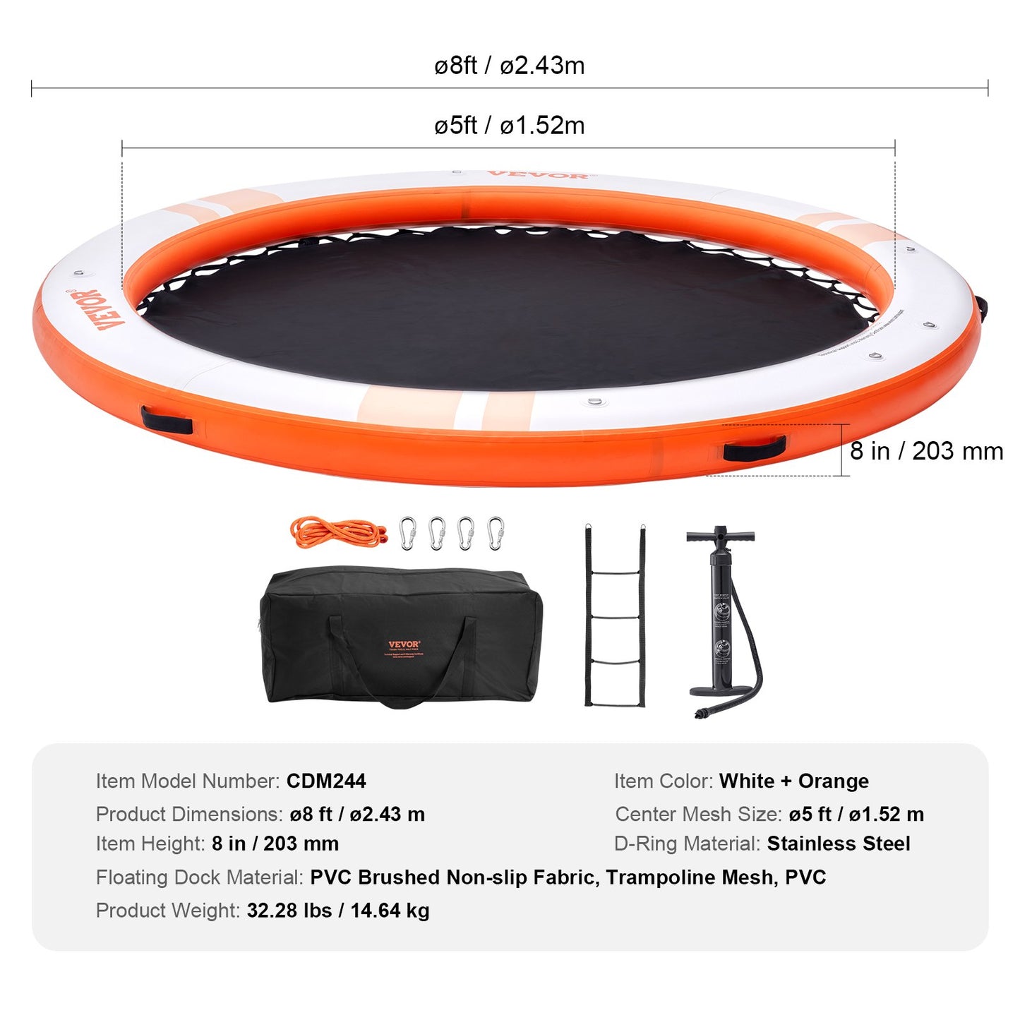Inflatable Floating Dock, ø8FT Inflatable Dock Platform with ø5FT Trampoline Mesh Pool, Non-Slip Floating Platform Water Mat with Portable Bag & Detachable Ladder for Pool Beach Relaxation
