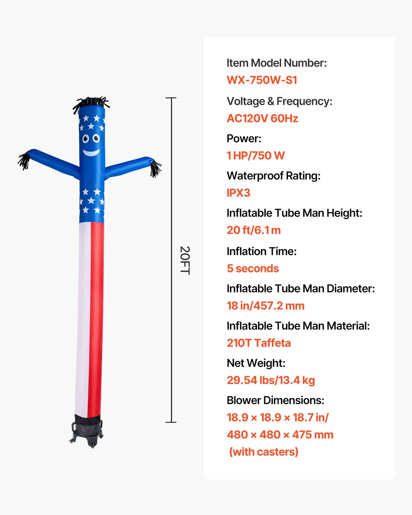 Inflatable Tube Man with Blower, 20 ft Tall, Wacky Waving Wind Flying Inflatable Dancing Tube Guy with 1 HP IPX3 Waterproof Blower Fan, for Outdoor Advertising Business Store Party Decoration