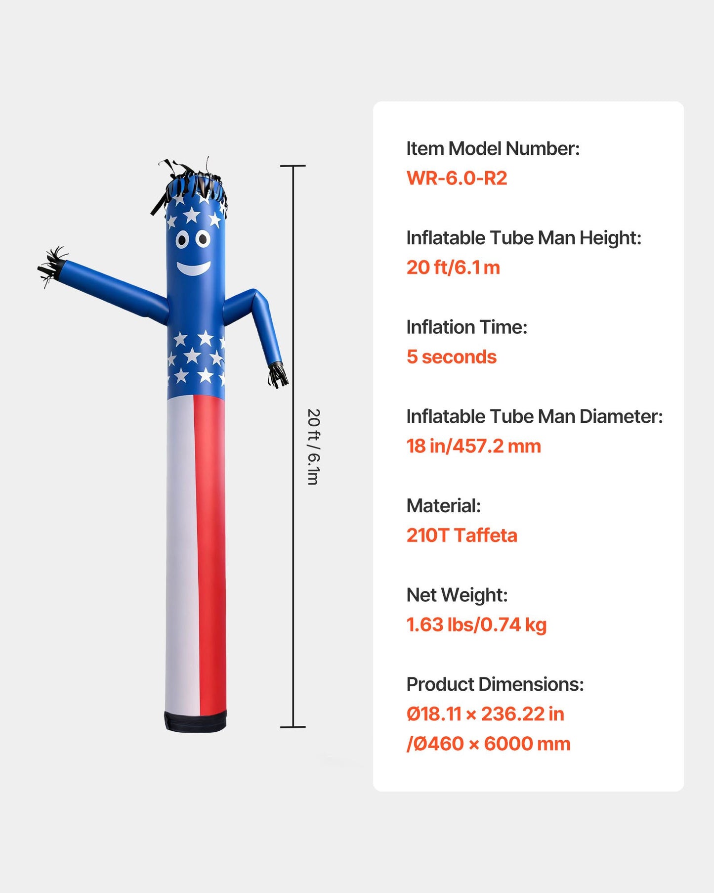Inflatable Tube Man, 20-Feet Tall, Wacky Waving Dancing Tube Guy, Wind Flying Arm Flailing Air Puppet, 18-Inch for Outdoor Advertising, Business Store, Increase Visibility (Blower Not Included)