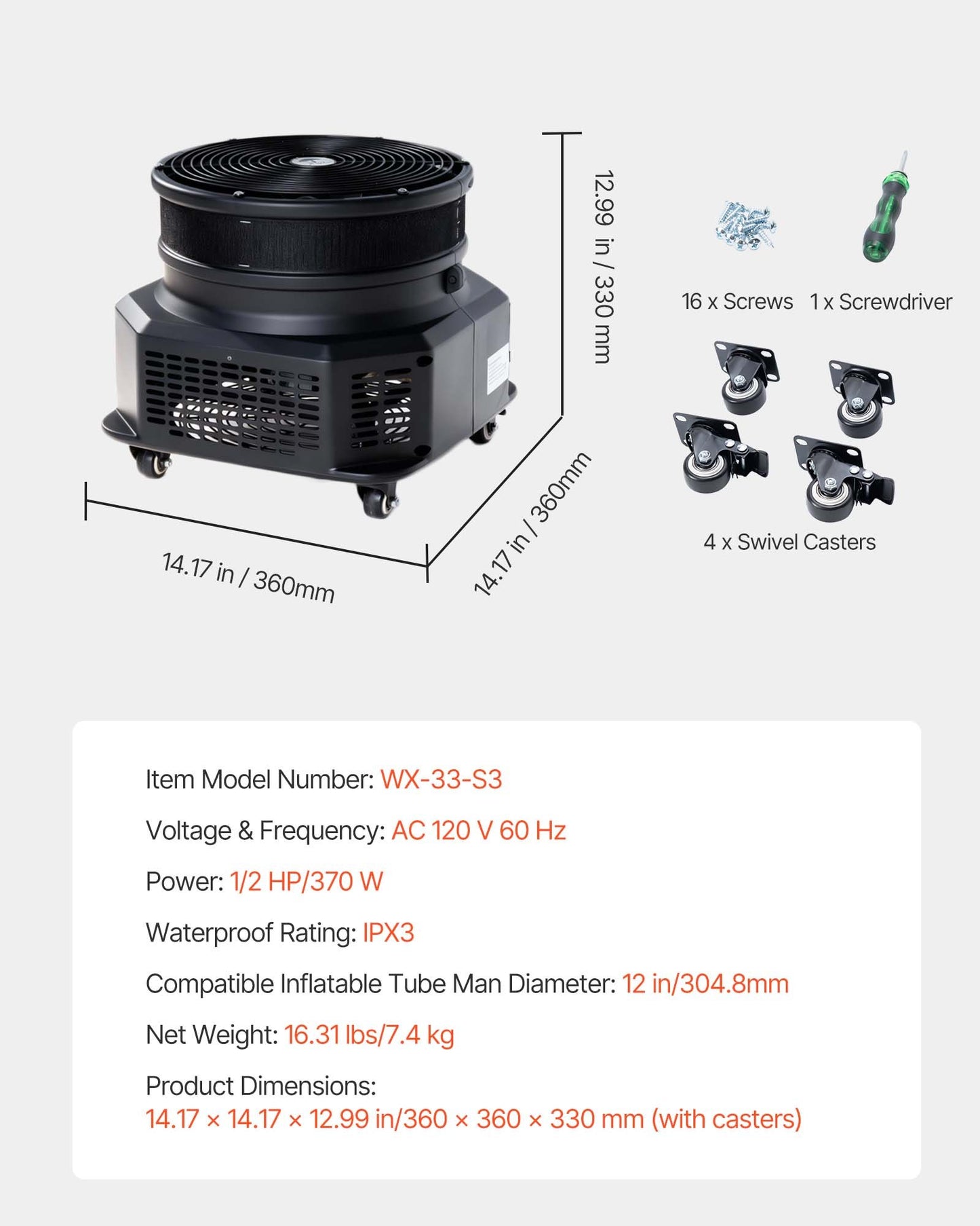 Inflatable Tube Man Blower, 1/2 HP 370W, PP Blower Fan for Wacky Waving Tube Guy, IPX3 Waterproof, Fits 12-Inch Diameter Outdoor Arm Swing Wind Flying Puppet Dancer, Inflatable Not Included