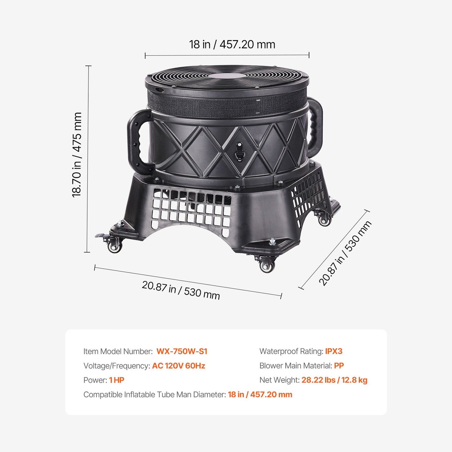 Inflatable Tube Man Blower, 1 HP, Blower Fan for Wacky Waving Inflatable Tube Guy, PP Shell, IPX3 Waterproof, Fits 18" Diameter Outdoor Inflatable Wind Flying Tube Man(No Inflatable)