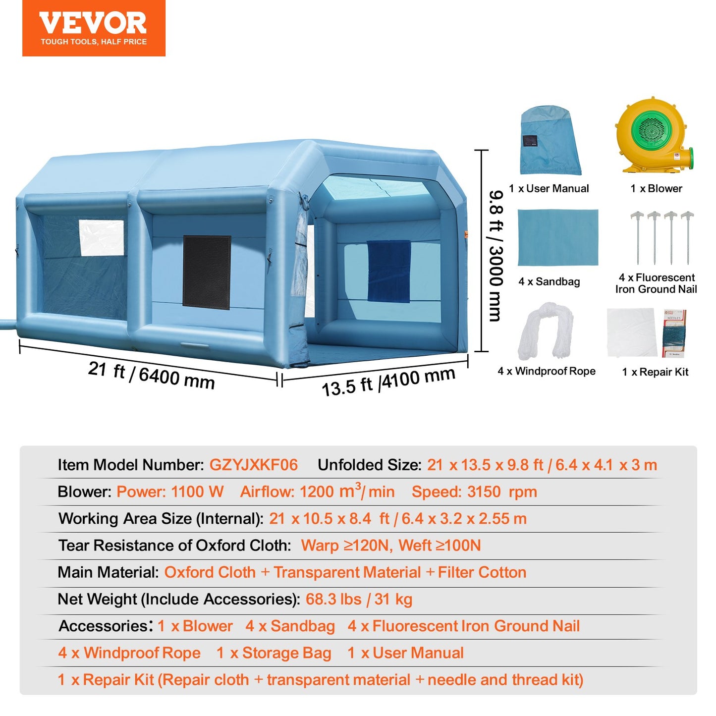 Inflatable Paint Booth, 21 x 13.5 x 9.8 ft Inflatable Spray Booth, with 1100W Powerful Blower and Air Filter System, Large Furniture Painting, Portable Car Paint Booth for Medium-Sized Vehicles