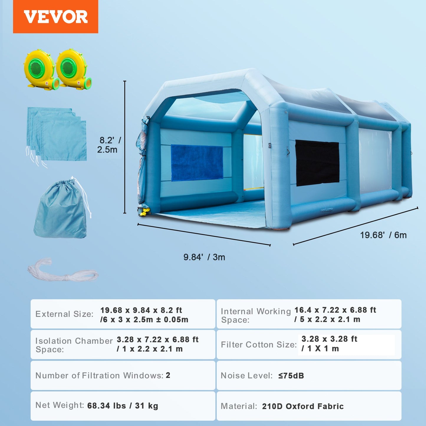 Inflatable Paint Booth, 20x10x8ft Inflatable Spray Booth, High Powerful 480W+750W Blowers Spray Booth Tent, Car Paint Tent Air Filter System for Car Parking Tent Workstation Motorcycle Garage