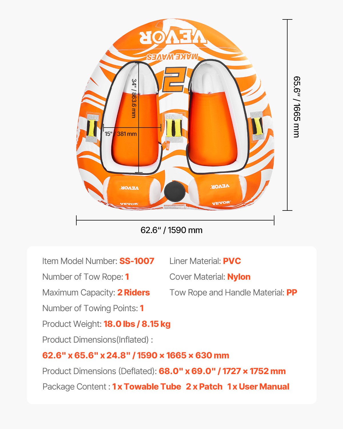 Towable Tubes for Boating 2 Person, Inflatable Boat Tubes and Towables with 2 Cockpits, 340lbs Water Sport Tubes for Boat to Pull - with 840D Full Nylon Cover, Padded Grab Handles & Safety Valve