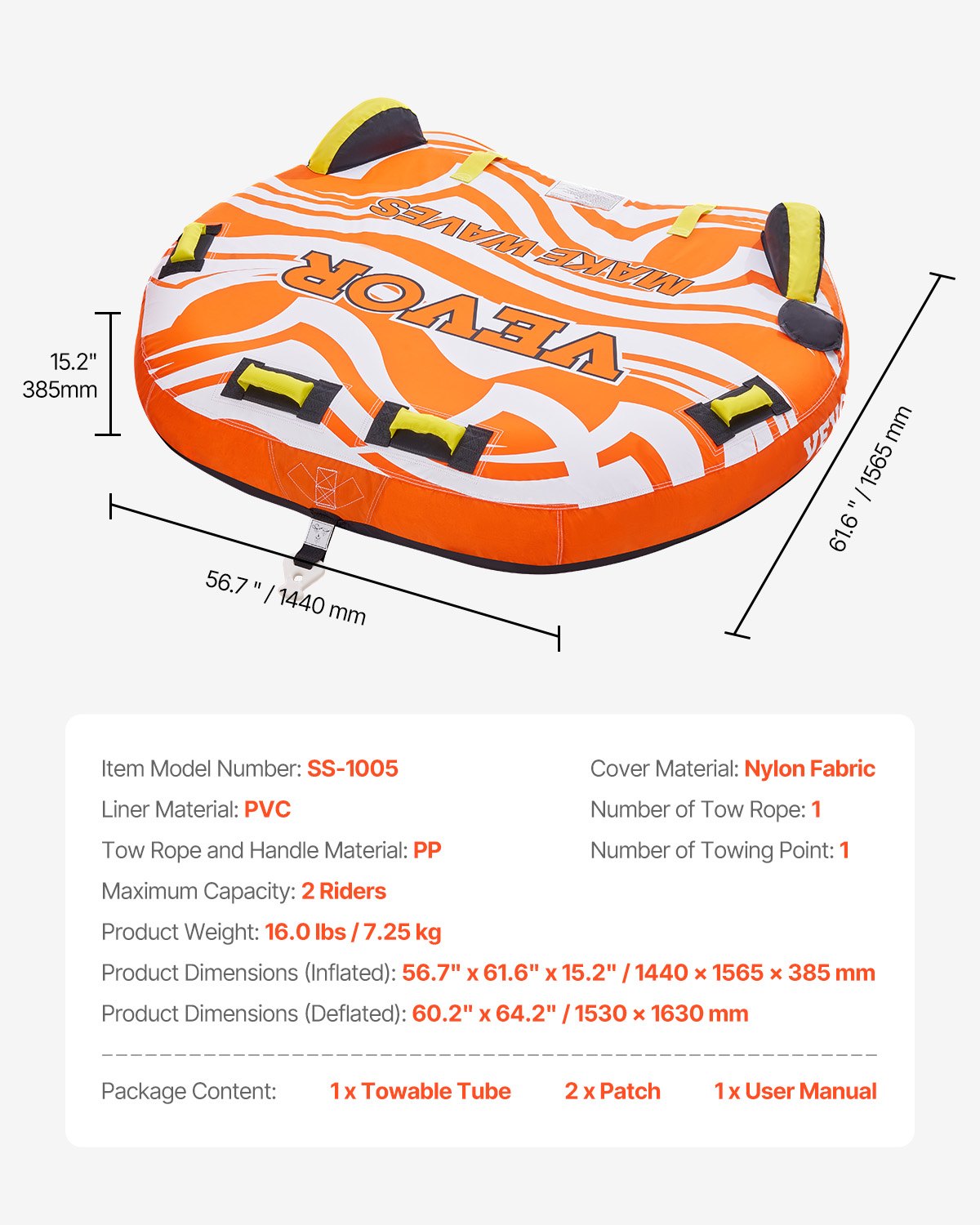 Towable Tubes for Boating, 1-2 Riders Inflatable Towable Tube for Boat to Pull, 340lbs Capacity Boat Tubes and Towables for Water Sports - with Fins, Double-Stitched Nylon Cover & Padded Handles