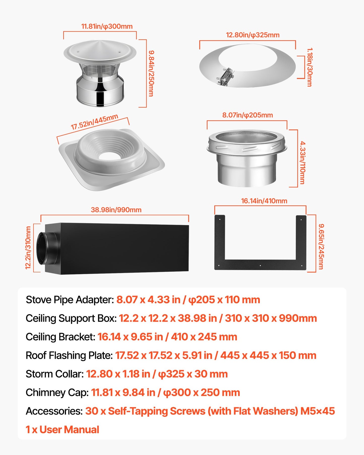 Through the Wall Kit for 6-Inch Chimney Pipe, Stainless Steel Internal Through Wall Chimney Kit with Rain Cap,Roof Waterproof Flashing Plate for 5-30 Degree Roof Pitch(No Straight Pipe)