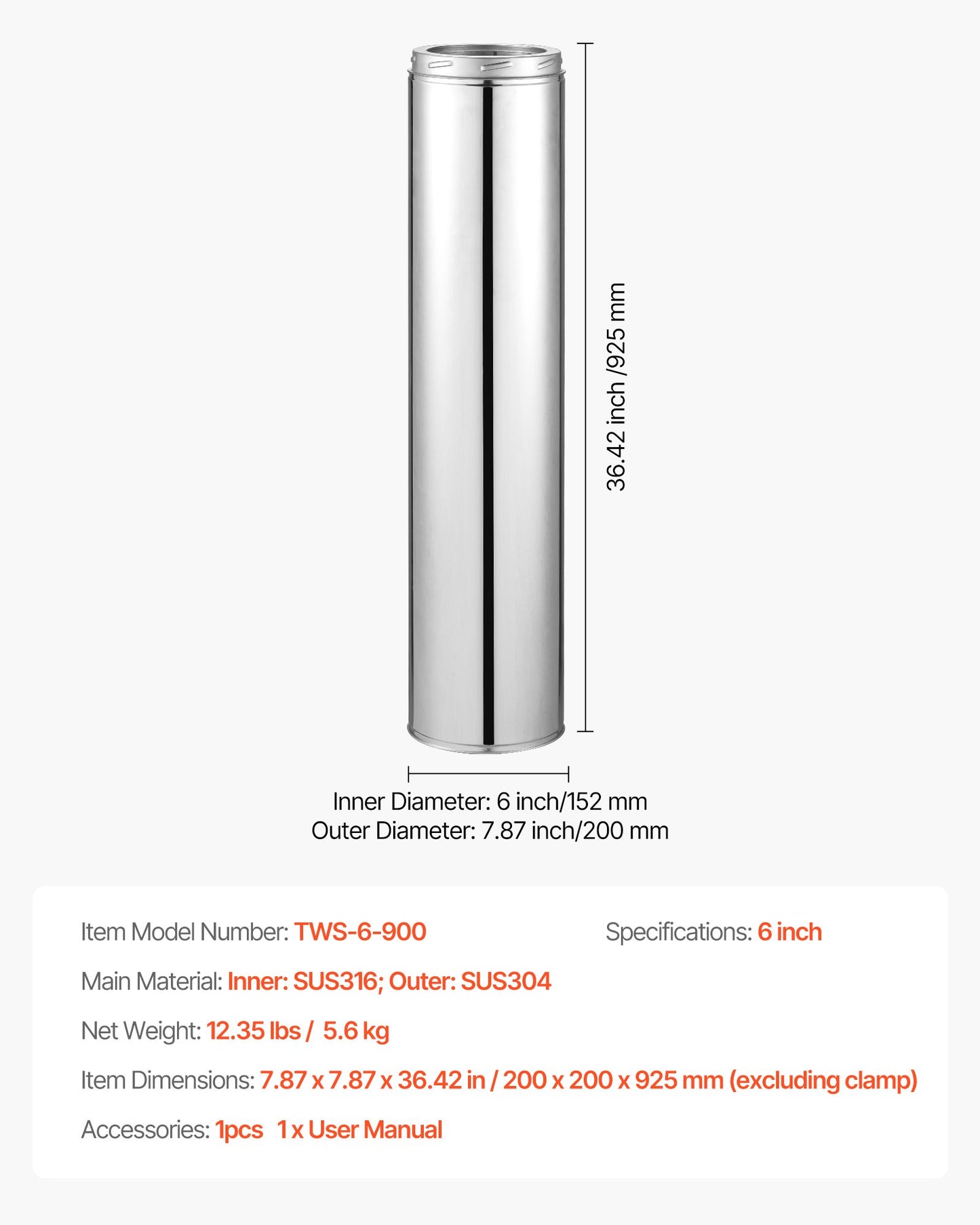 Double Wall Insulated Chimney Pipe, 6 x 36 inch Stainless Steel (Inner 316,Outer 304) Stove Straight Pipe, Easy Installation & Thick Insulation Cotton for Indoor and Outdoor, 1 Pack,Silver