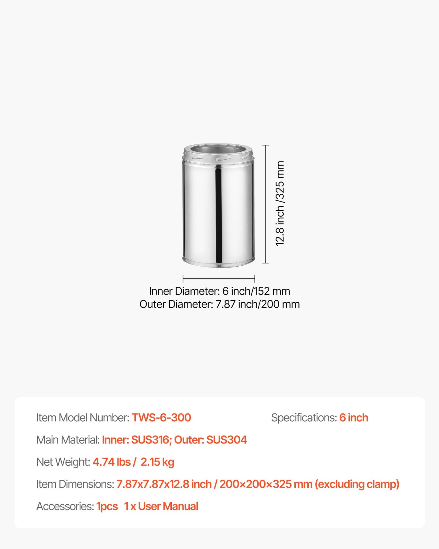 Double Wall Insulated Chimney Pipe, 6 x 12 inch Stainless Steel (Inner 316,Outer 304) Stove Straight Pipe, Easy Installation & Thick Insulation Cotton for Indoor and Outdoor, 1 Pack,Silver