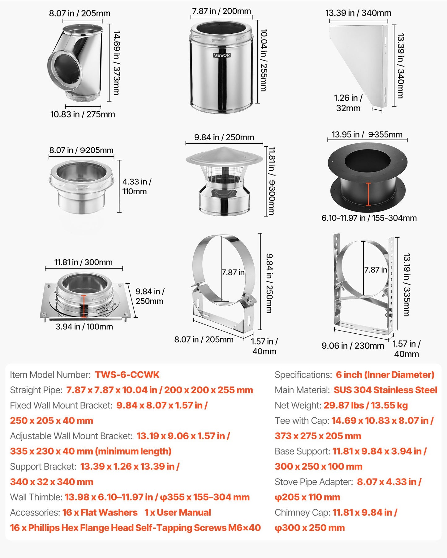 Through the Wall Kit for 6-Inch Chimney Pipe, 304 Stainless Steel External Through Wall Chimney Kit with Cone-Top Rain Cap,Adjustable Mounting Bracket,Base Support for Outdoor Roof,Silver