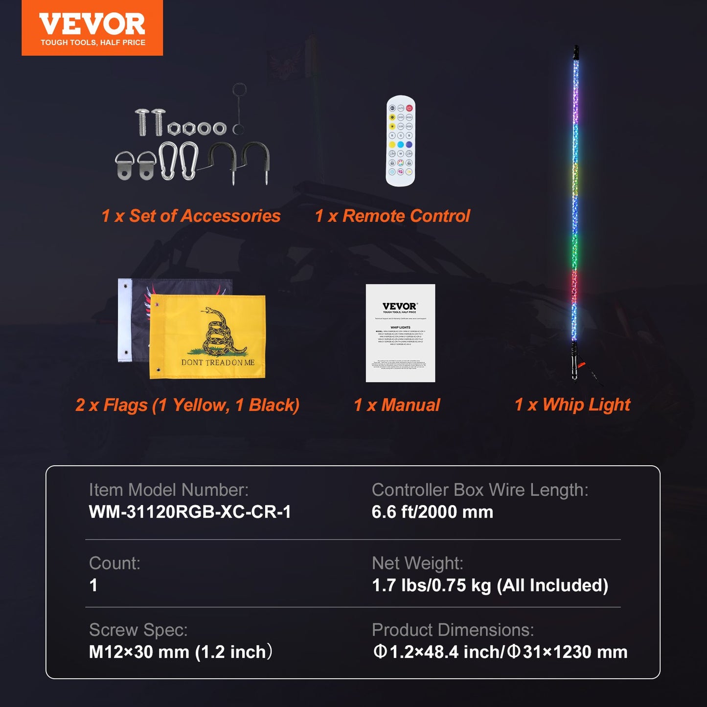 1 PC 4 FT Whip Light, APP & RF Remote Control Led Whip Light, Waterproof 360° Spiral RGB Chasing Lighted Whips with 2 Flags, for UTVs, ATVs, Motorcycles, RZR, Can-am, Trucks, Off-road, Go-karts