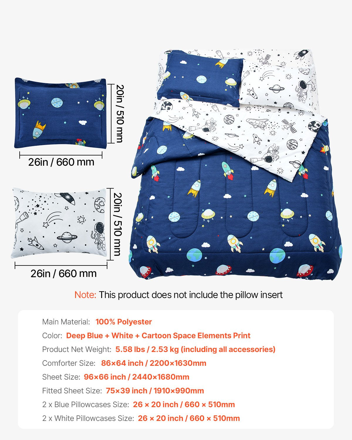 Kids Comforter Set, 5 Pieces, Twin Bedding Sets with 1 Comforter, 1 Flat Sheet, 1 Fitted Sheet, 2 Pillowcases, Soft Microfiber & Space Printed, Bedding Comforter Sets for Boys Girls Teen