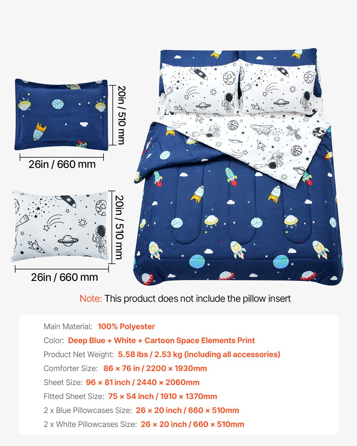 Kids Comforter Set, 7 Pieces, Twin Bedding Sets with 1 Comforter, 1 Flat Sheet, 1 Fitted Sheet, 4 Pillowcases, Soft Microfiber & Space Printed, Bedding Comforter Sets for Boys Girls Teen