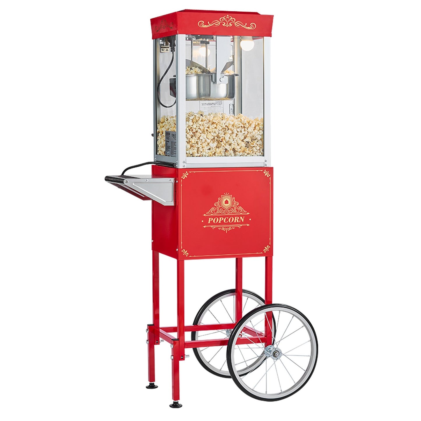 Popcorn Machine with Cart, 8oz Stainless Steel Kettle, 800W Commercial Popcorn Maker, 48 Cups per Batch Theater Style Popper, with 2-Button Control Glass Wall PC Door 1 Scoop 3 Spoons, Red