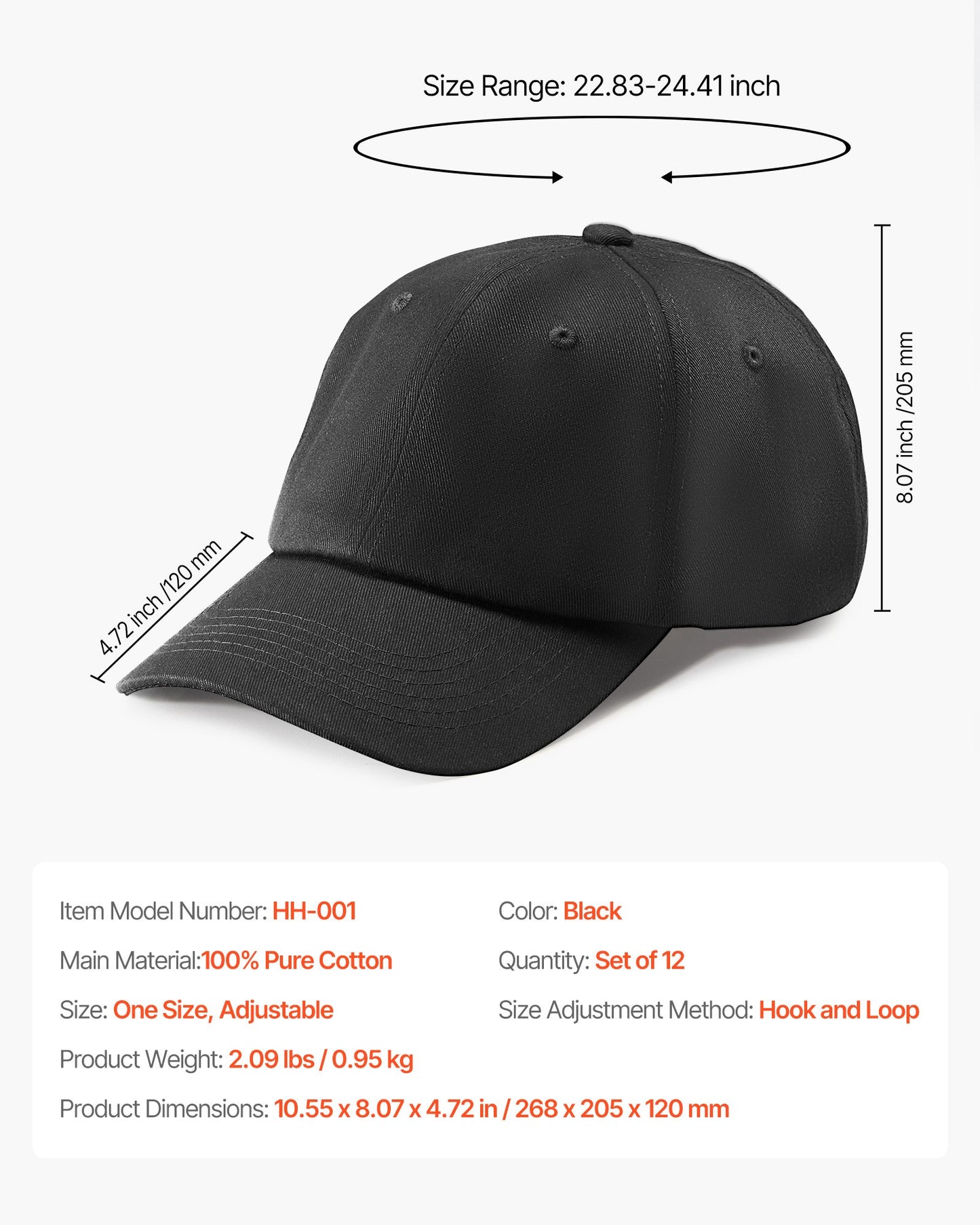 Baseball Cap, Plain Baseball Hat with Breathable Pure Cotton Fabric, Adjustable Size, Blank 12 Pack Bulk Caps Ideal for Running, Workouts or Outdoor Activities, 12 Pcs, Black