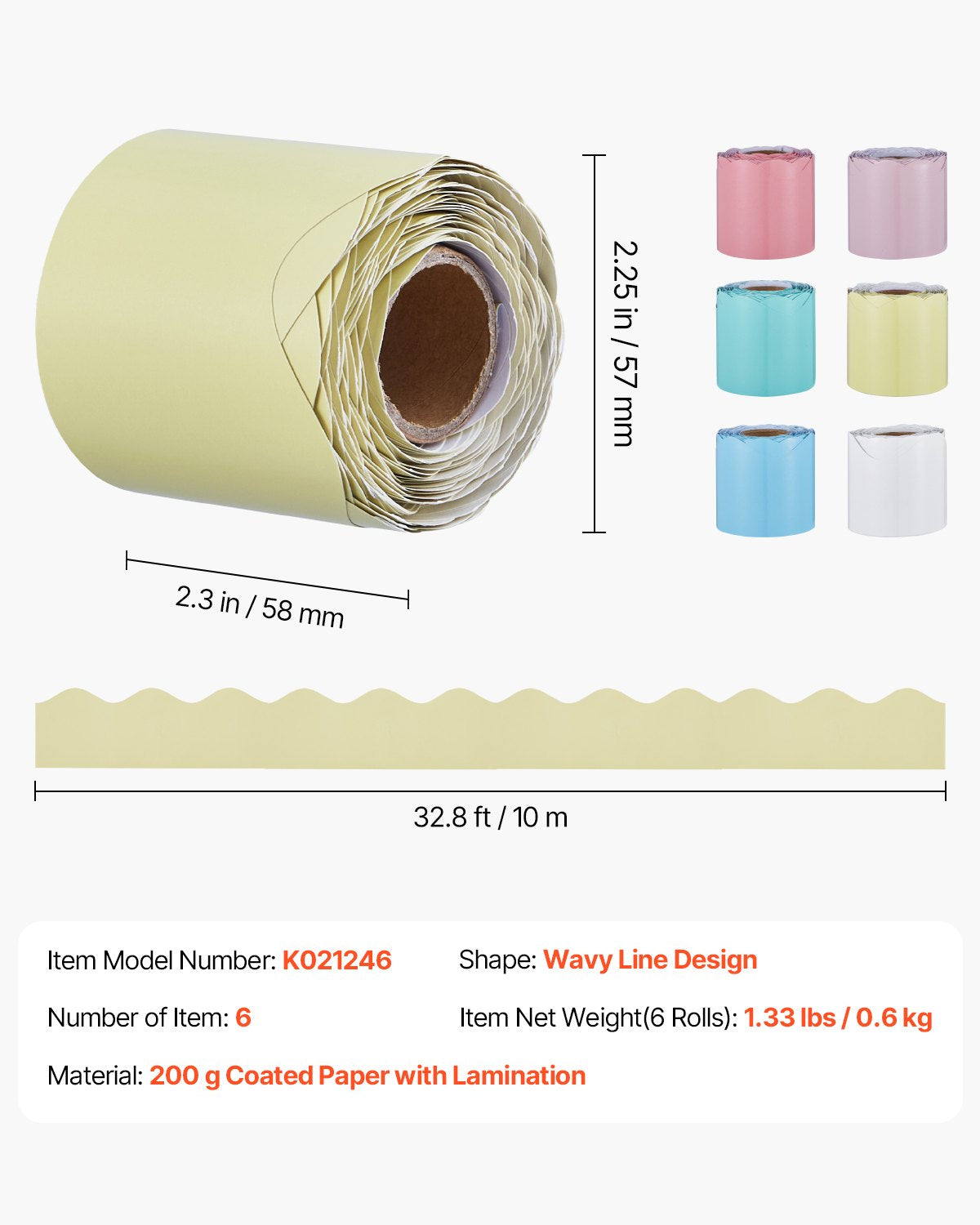 Bulletin Board Borders, 6 Rolls 32.8 Feet Scalloped Bulletin Board Borders, Boho Rolled Border Trim with Wavy Line Design, Colorful Pastel Borders for School Classroom Party & Wall Decoration