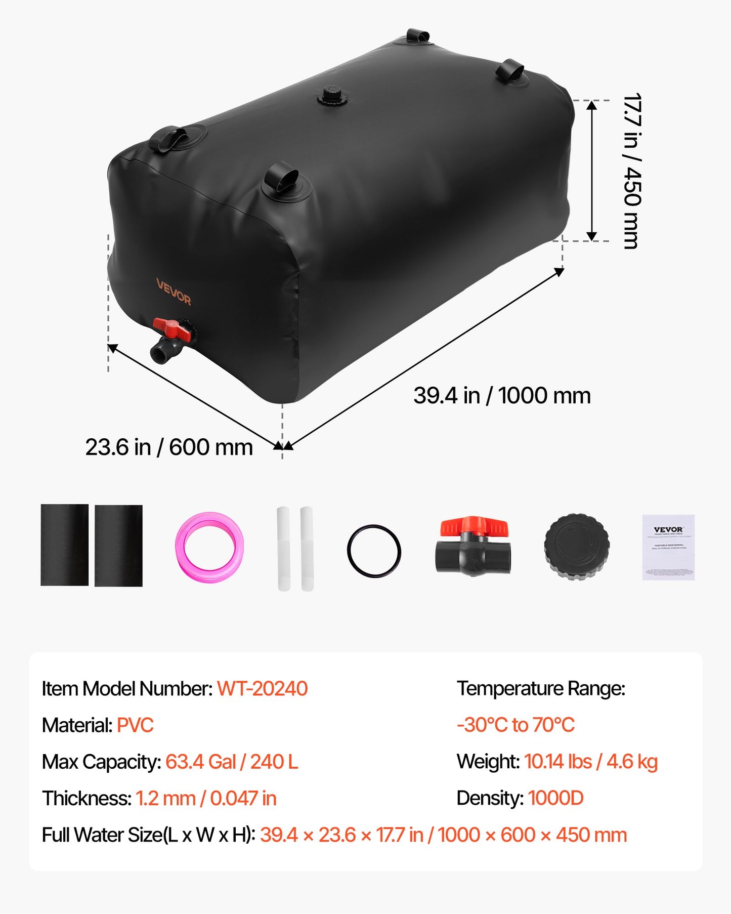 Water Storage Bladder, 63.4 Gallon (240L) Water Storage Container Tank, 1000D PVC Large Capacity Soft Bag Bladder, Collapsible Portable for Garden Irrigation, Camping, RVs, Emergency Use - Black