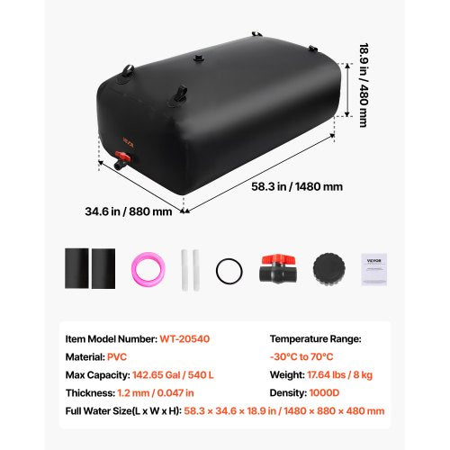 Vattenlagringsblåsa, 540L Vattenlagringsbehållare, 1000D PVC Storkapacitet Mjuk Påse Blåsa, Hopfällbar Bärbar För Trädgårdsbevattning, Camping, Husbil, Nödanvändning - Svart | EU
