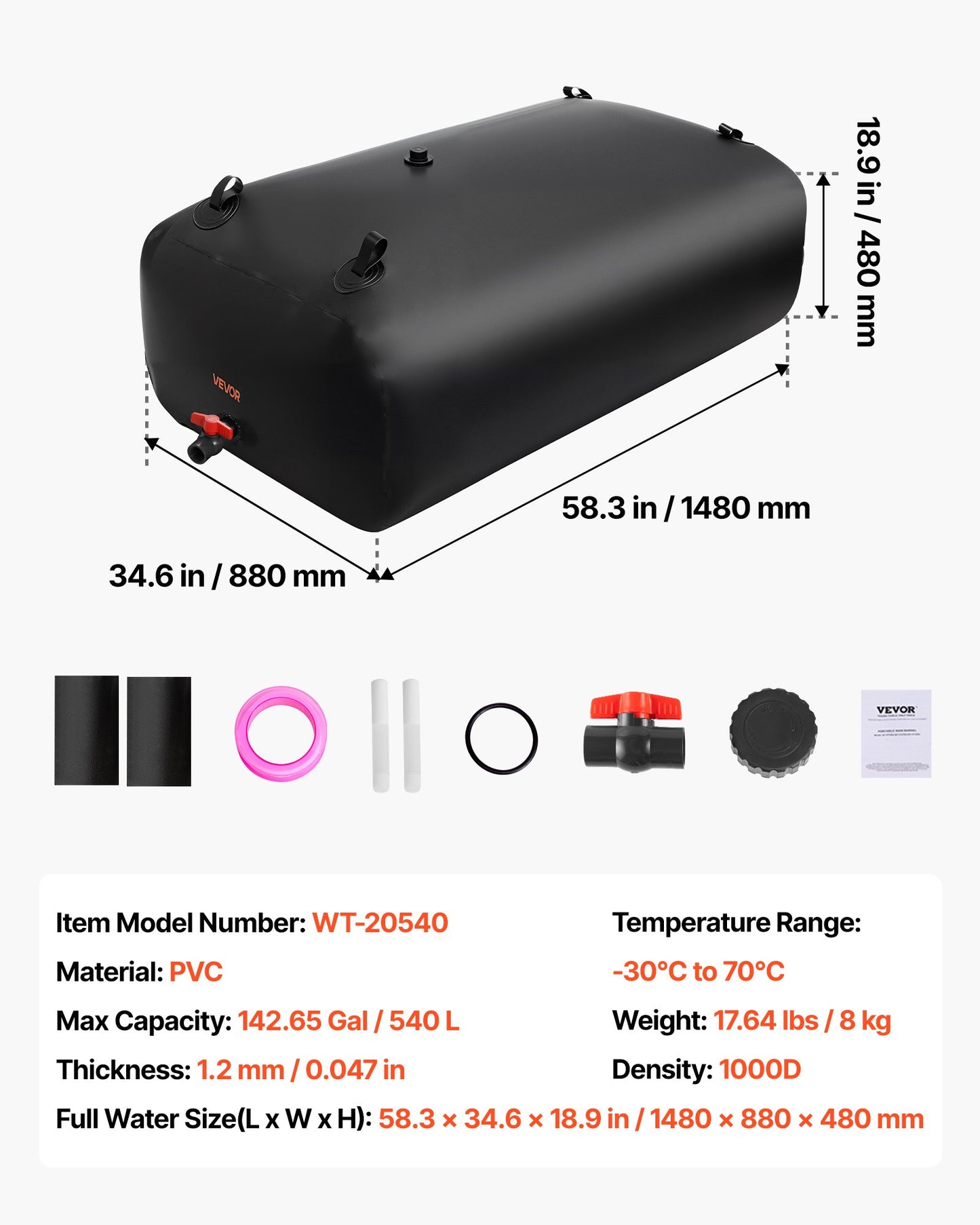 Water Storage Bladder, 142.7 Gallon (540L) Water Storage Container Tank, 1000D PVC Large Capacity Soft Bag Bladder, Collapsible Portable for Garden Irrigation, Camping, RV, Emergency Use - Black